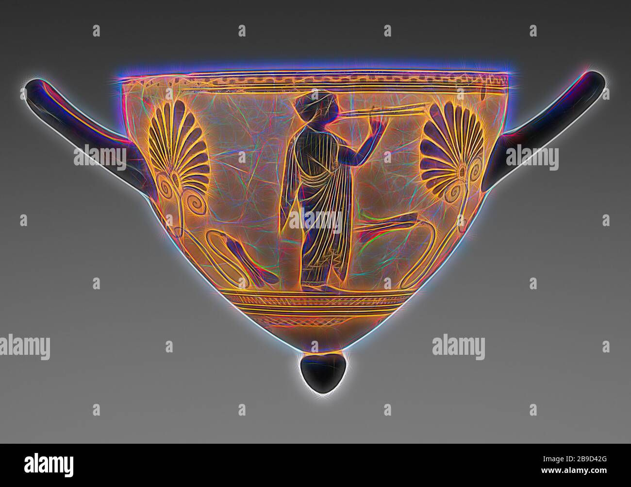 Tasse avec une jeune femme jouant les tuyaux, attribuée à Psiax (Grec (Attique), active vers 525 - 510 av. J.-C.), Athènes, Grèce, 520–500 av. C.C., terre cuite, 12,1 × 20,5 × 13,3 cm (4 3,4 × 8 1,16 × 5 1,4 po, repensée par Gibon, conception d'un brillant chaleureux et joyeux de la luminosité et des rayons de lumière radiance. L'art classique réinventé avec une touche moderne. La photographie inspirée du futurisme, qui embrasse l'énergie dynamique de la technologie moderne, du mouvement, de la vitesse et révolutionne la culture. Banque D'Images