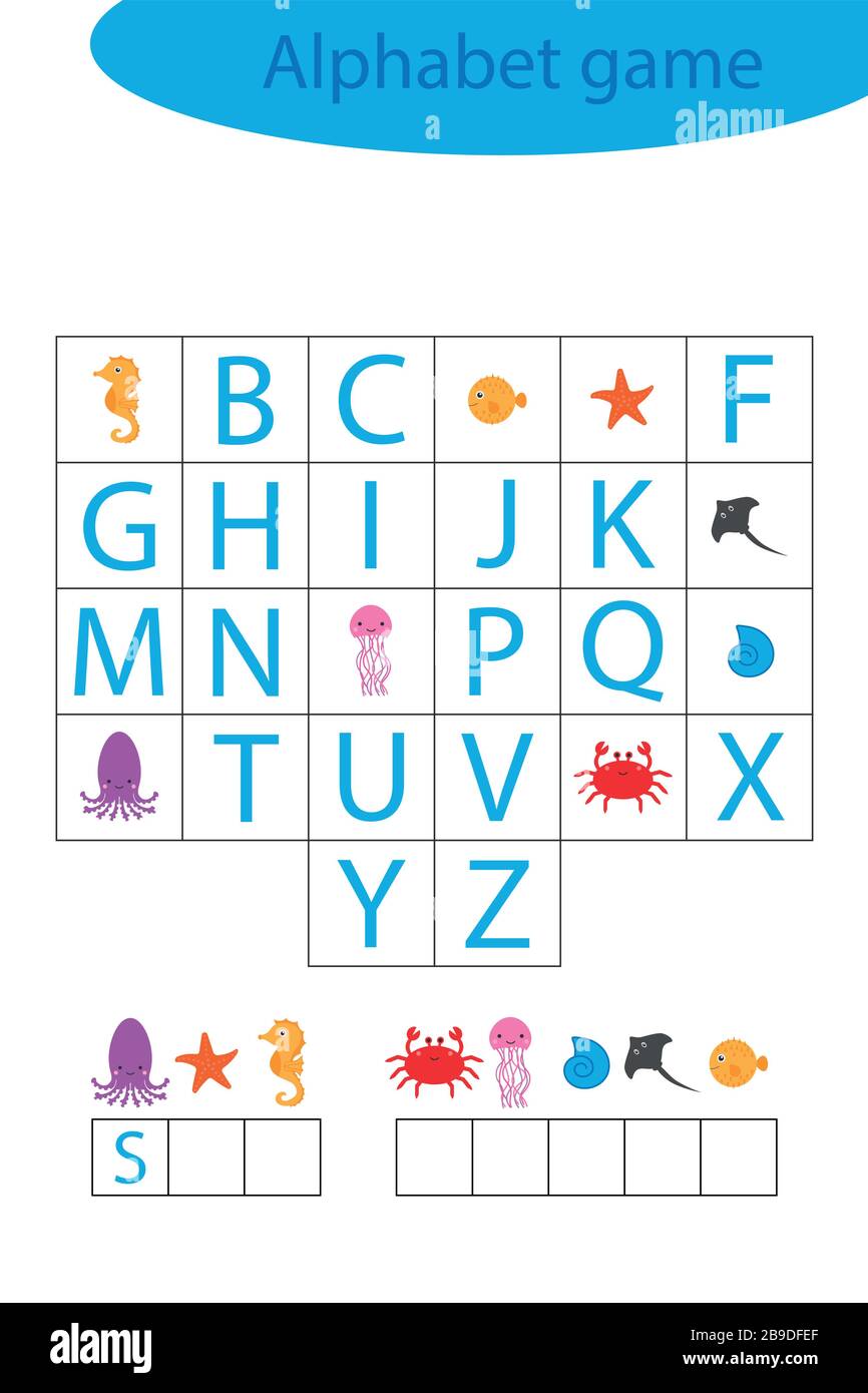 Jeu d'alphabet Sea World pour les enfants, faire un mot, activité de feuille de travail préscolaire pour les enfants, jeu d'orthographe pédagogique pour le développement de Illustration de Vecteur