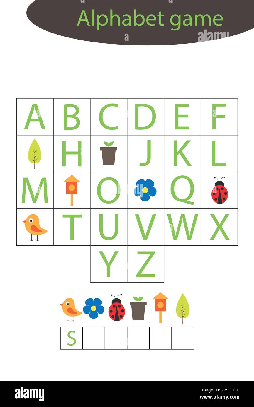 Jeu d'alphabet de printemps pour les enfants, faire un mot, activité de feuille de travail maternelle pour les enfants, jeu d'orthographe éducatif pour le développement de Illustration de Vecteur