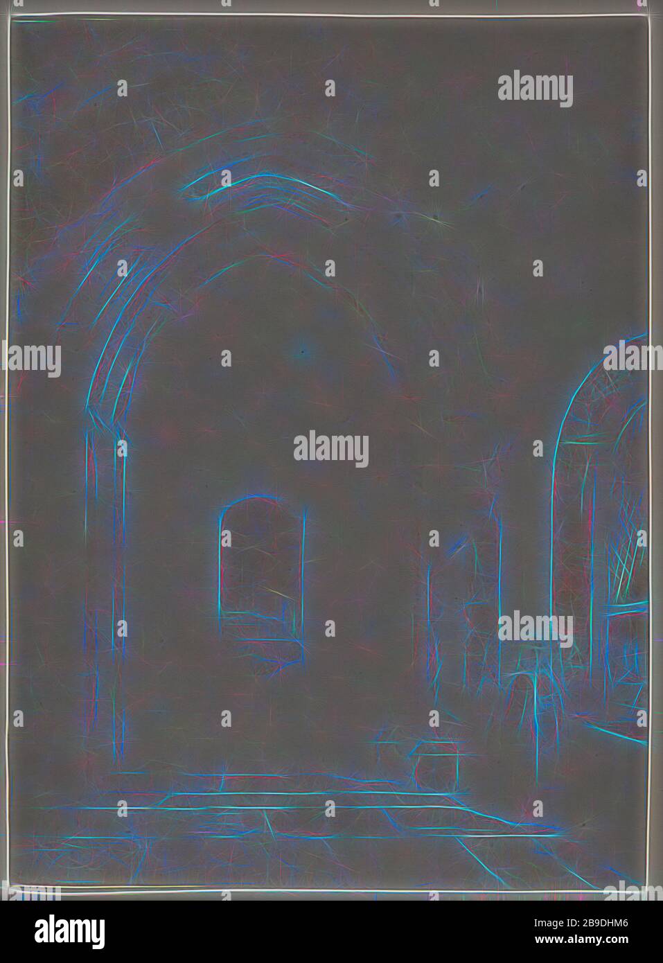 Copie d'une gravure, William Henry Fox Talbot (Anglais, 1800 - 1877), 1839, photogénique dessin négatif, 16 × 11,7 cm (6 5,16 × 4 5,8 po, repensé par Gibon, conception de glanissement chaleureux et gai de luminosité et de rayons de lumière radiance. L'art classique réinventé avec une touche moderne. La photographie inspirée du futurisme, qui embrasse l'énergie dynamique de la technologie moderne, du mouvement, de la vitesse et révolutionne la culture. Photo Stock