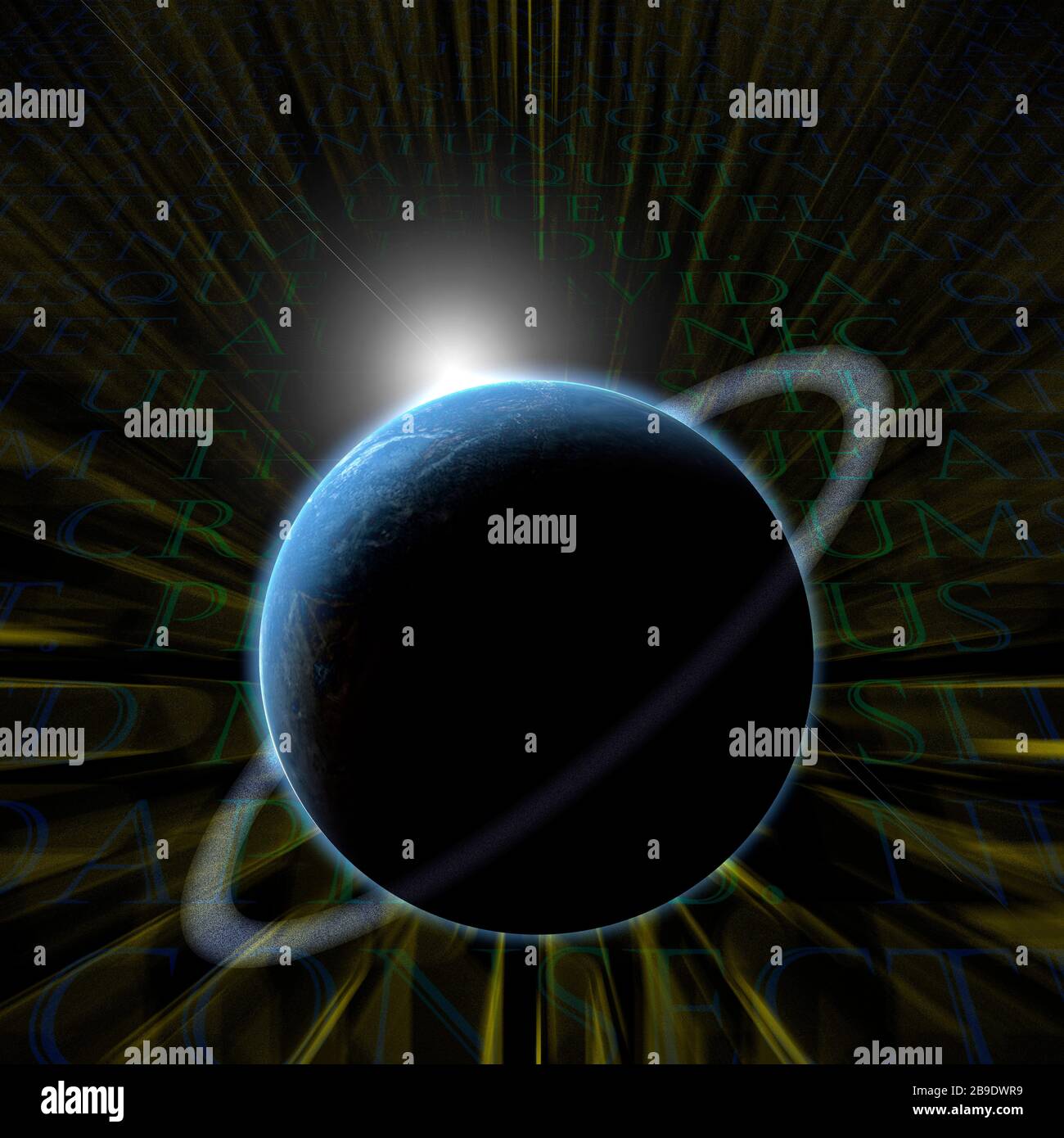 Rendu tridimensionnel d'une exoplanète. Arrière-plan du texte latin. Banque D'Images