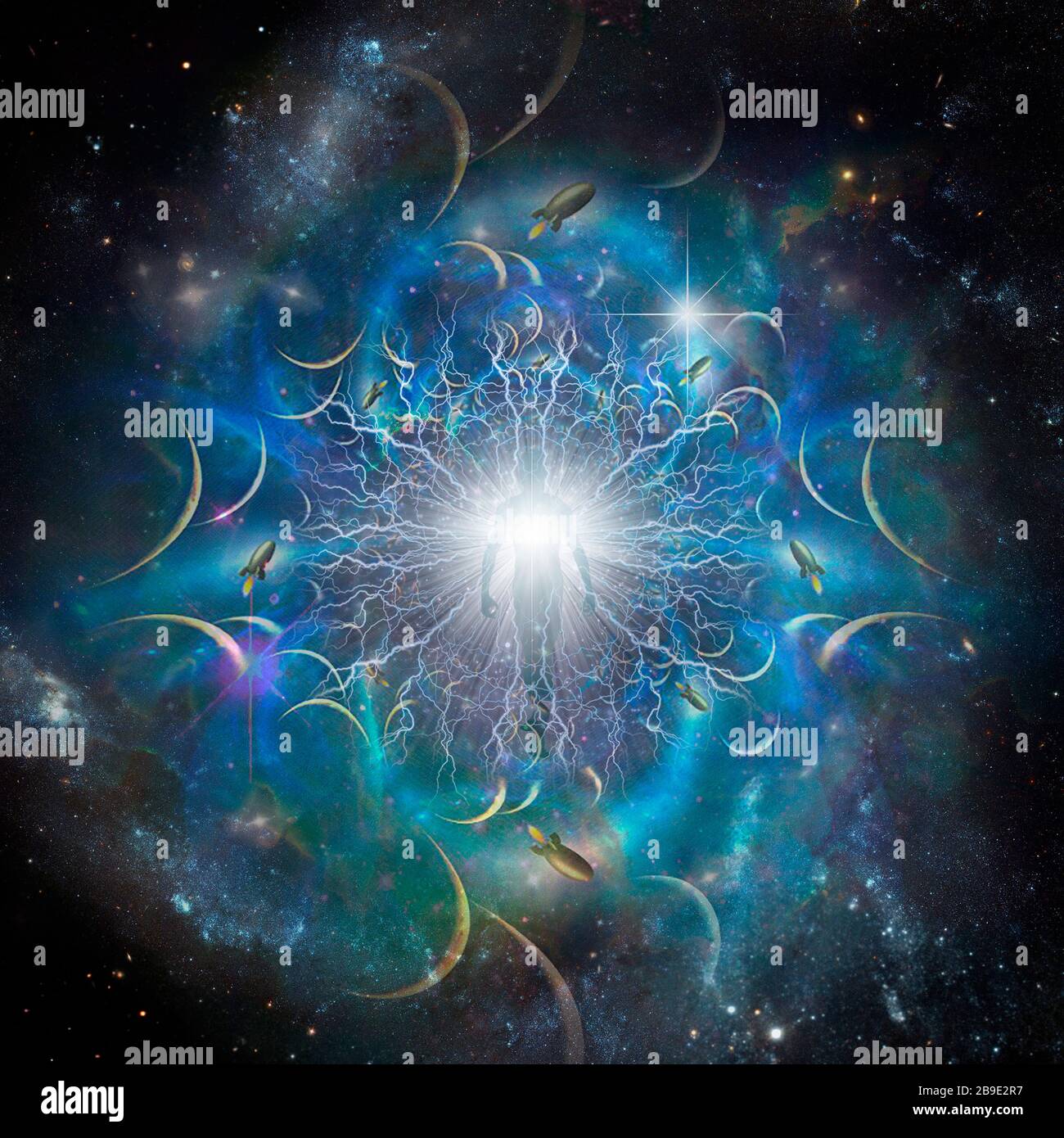 Une aura lumineuse ou une silhouette humaine dans un espace sans fin. Banque D'Images