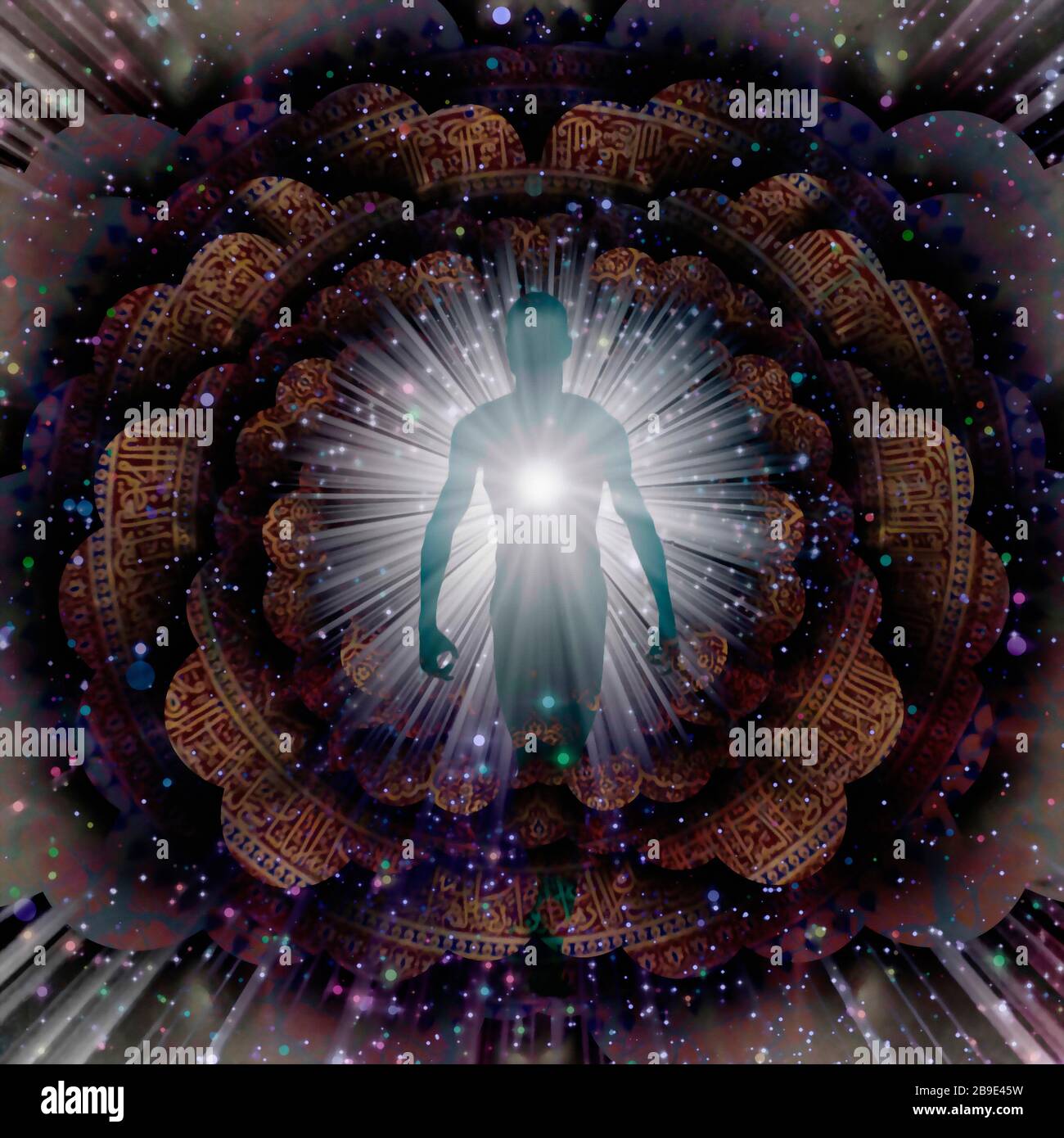 Shining aura et les rayons de lumière. Mandala. Banque D'Images