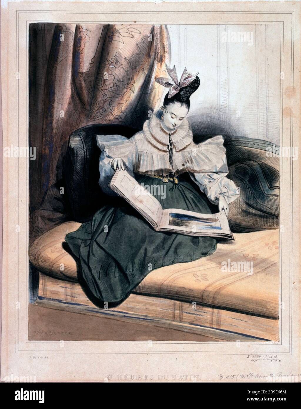 Les heures du jour : 9 h Achille Deveria (1800-1857), dessinateur et graveur français, et Antoine Adolphe Catherine Fonrouges (1828-1855), graviteur français. 'Les heures du jour - 9 heures du matin'. Gravité. Paris, musée Carnavalet. Banque D'Images