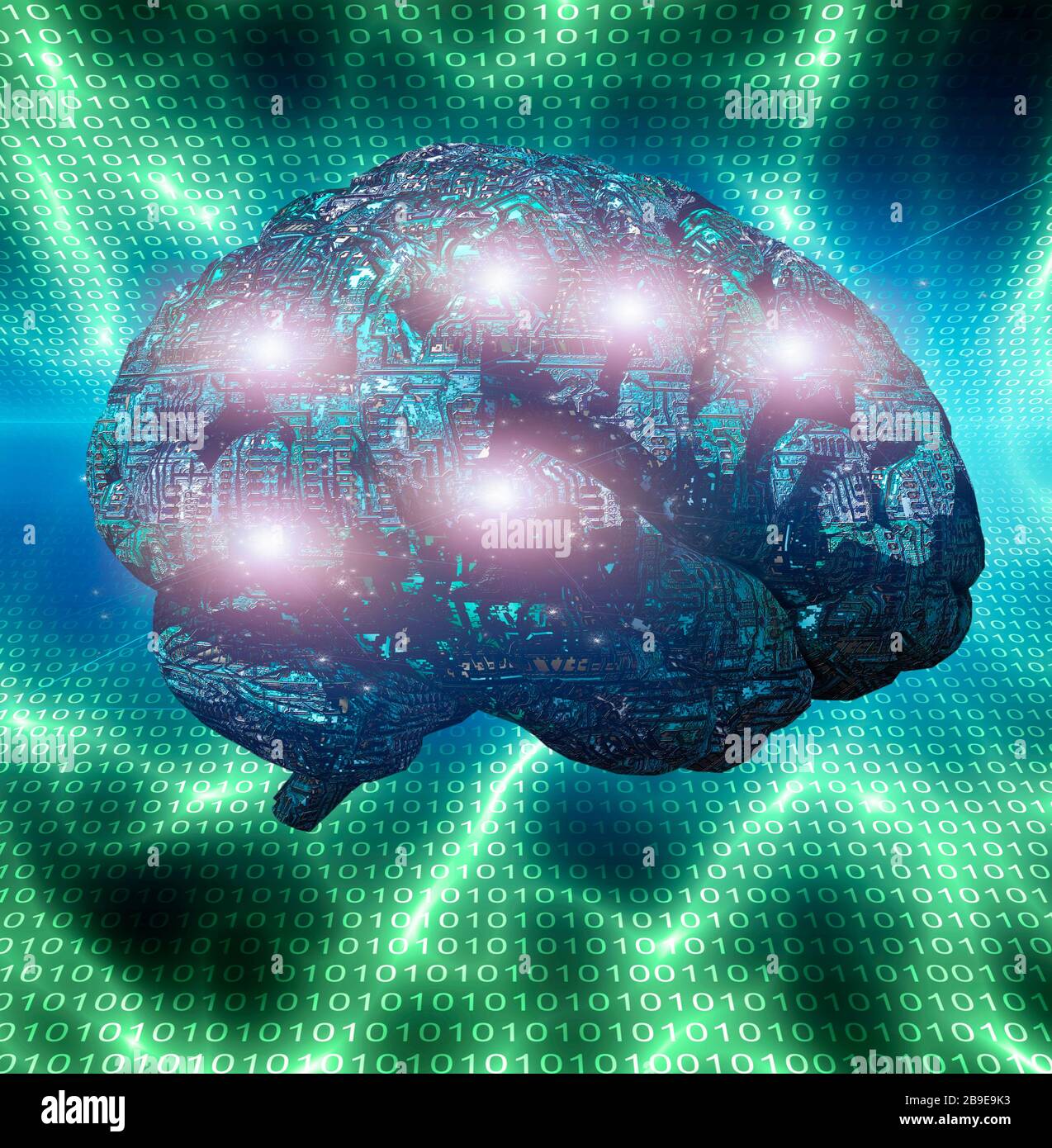 Cerveau électronique avec fond de code binaire. Banque D'Images