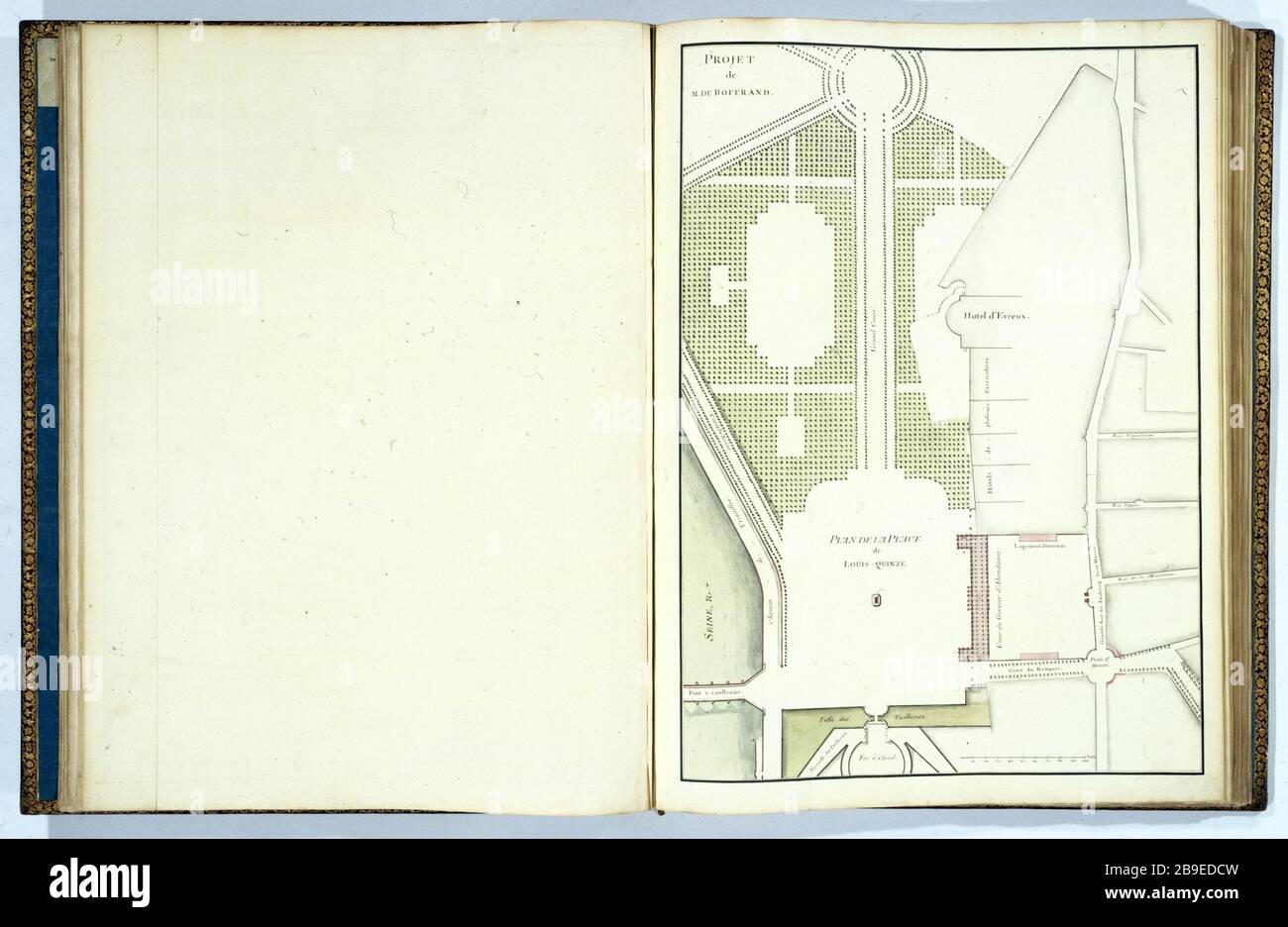 Collection Marigny : projet du site et statue équestre du roi Louis XV, en 1753 François Blondel, Germain Boffrand, architectes français. Recueil Marigny : Recueil Marigny : Plan de la place d'armes à interpréter en face de pont tournant. Paris, Musée Carnavalet. Banque D'Images