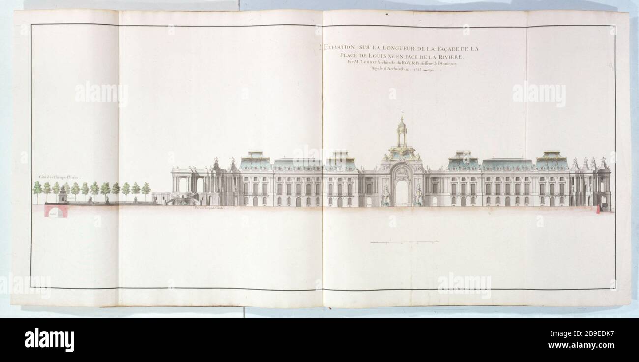Série Marigny : élévation du projet de la place et de la statue équestre du roi Louis XV, en 1753 Blondel / Hazon. Recueil Marigny: Elévation du projet pour la place et la statue équestre du roi Louis XV, 1753. Paris, musée Carnavalet. Banque D'Images