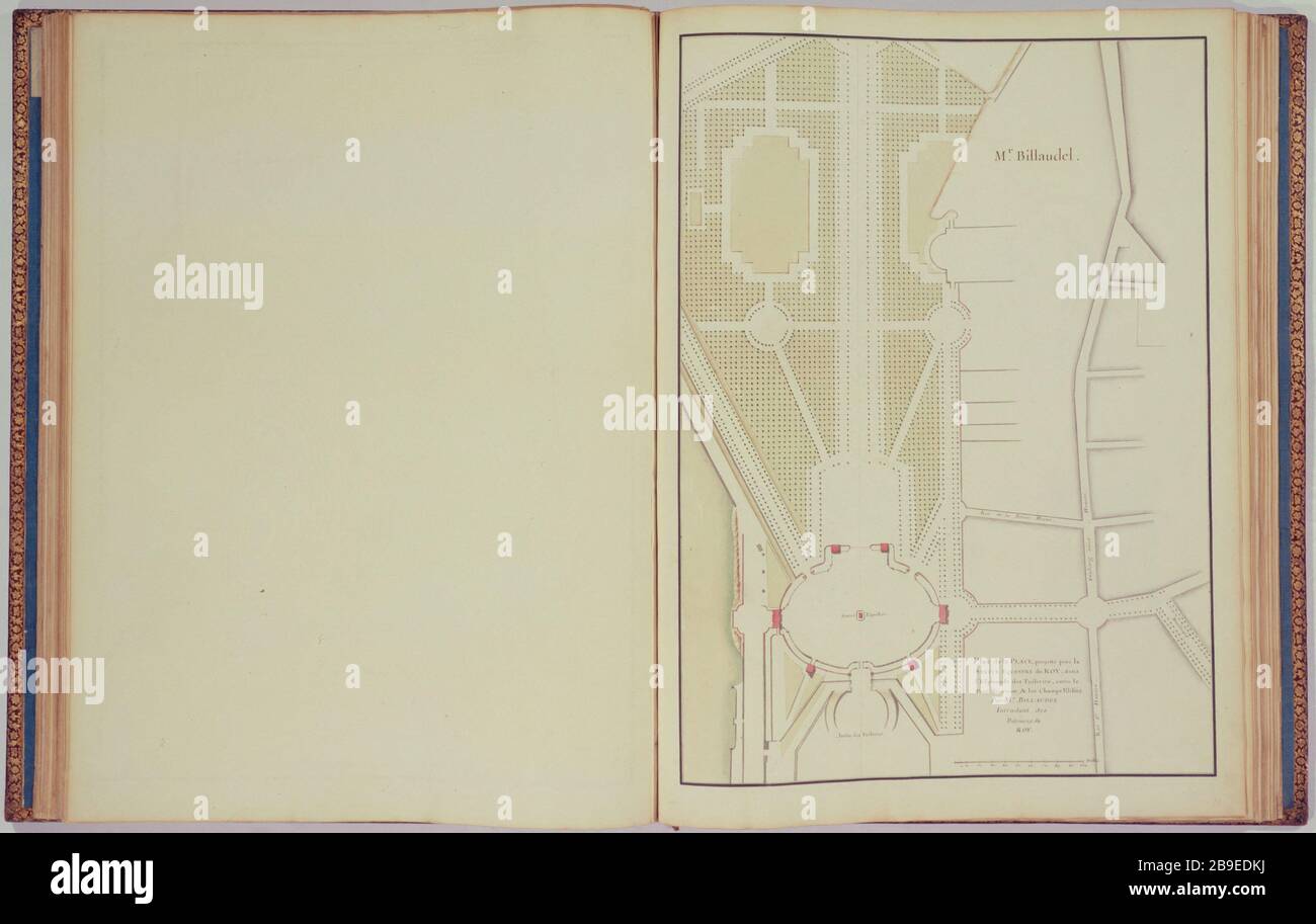 Rapports Marigny carte de l'endroit, en 1753 Jacques-Charles Billaudel (1698-1762) et Jacques-François Blondel (1705-1774), architecte français. Recueil Marigny : plan du projet pour la place et la statue équestre de Louis XV, 1753. Paris, musée Carnavalet. Banque D'Images