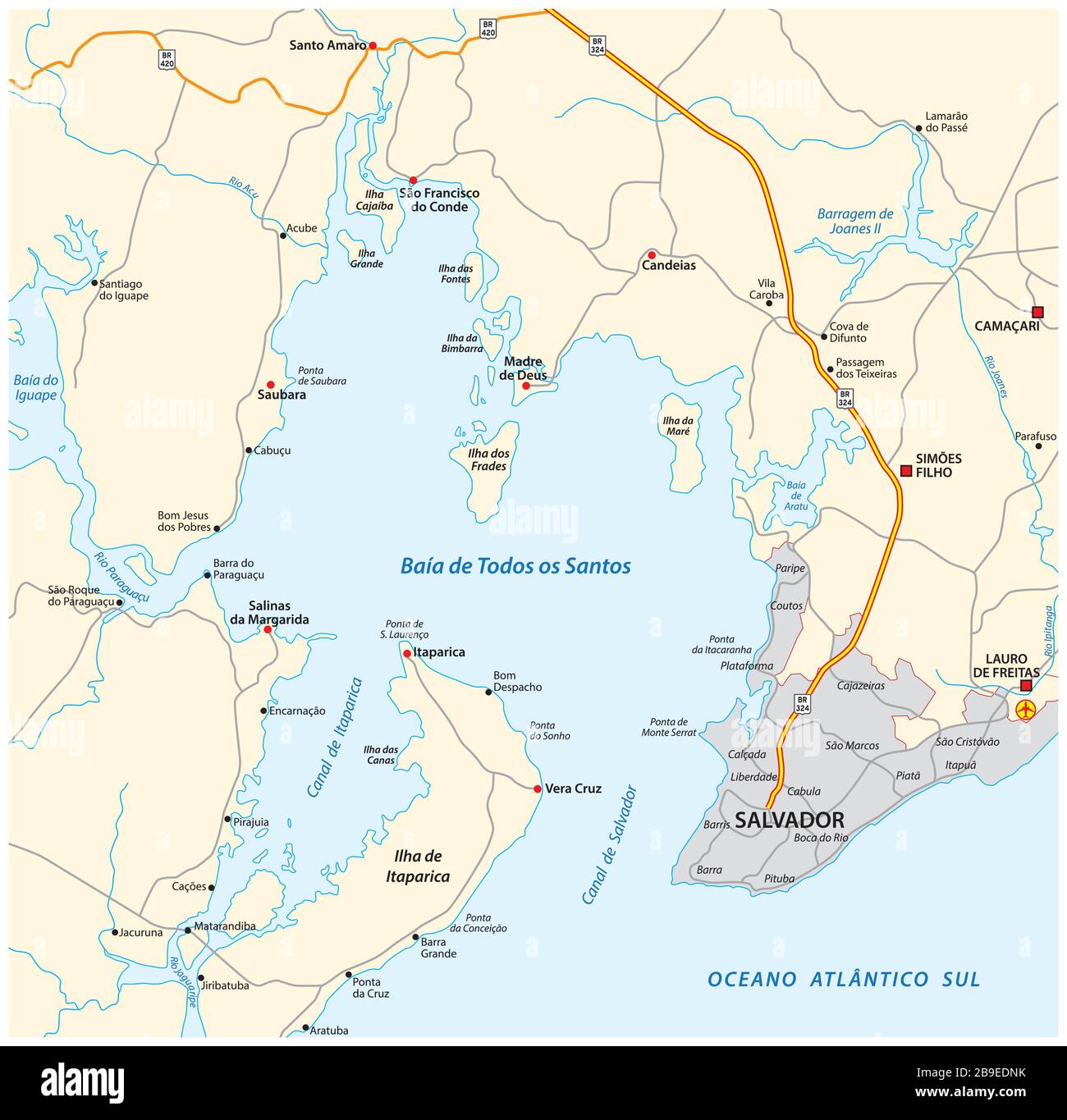 Carte routière de la Baie de tous les Saints dans l'état brésilien de Bahia Image Vectorielle Carte routière de la Baie de tous les Saints dans l'état brésilien de Bahia Image Vectorielle