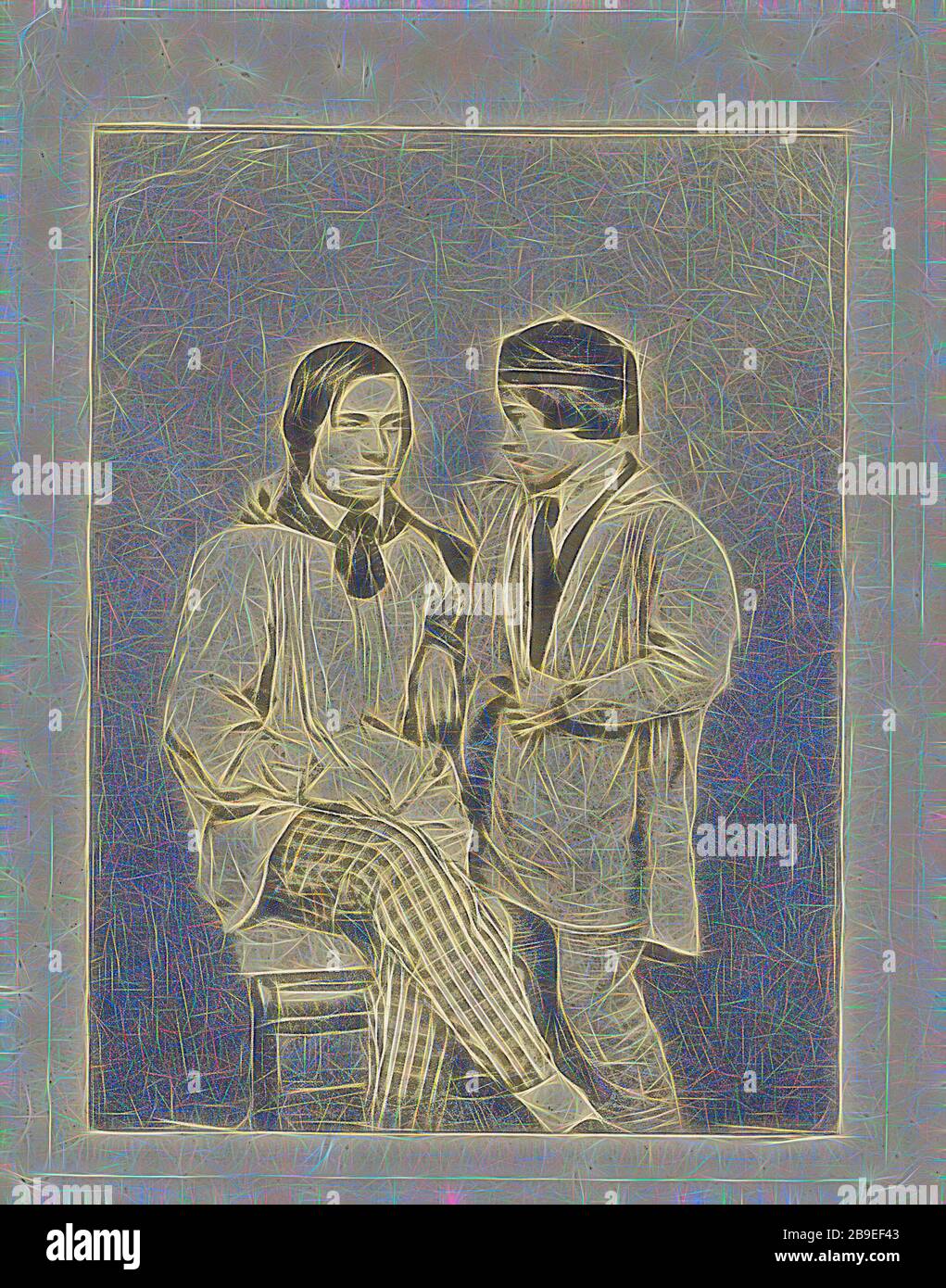 Homme et garçon, Armand-Hippolyte-Louis Fizeau (français, 1819 - 1896), Nöel-Marie-Paymal Lerebours (français, 1807 - 1873), France, vers 1841, gravure directe, 9 x 6,6 cm (3 9,16 x 2 5,8 po, réimaginée par Gibon, dessin d'un brillant chaleureux de luminosité et de rayons de lumière. L'art classique réinventé avec une touche moderne. La photographie inspirée du futurisme, qui embrasse l'énergie dynamique de la technologie moderne, du mouvement, de la vitesse et révolutionne la culture. Banque D'Images