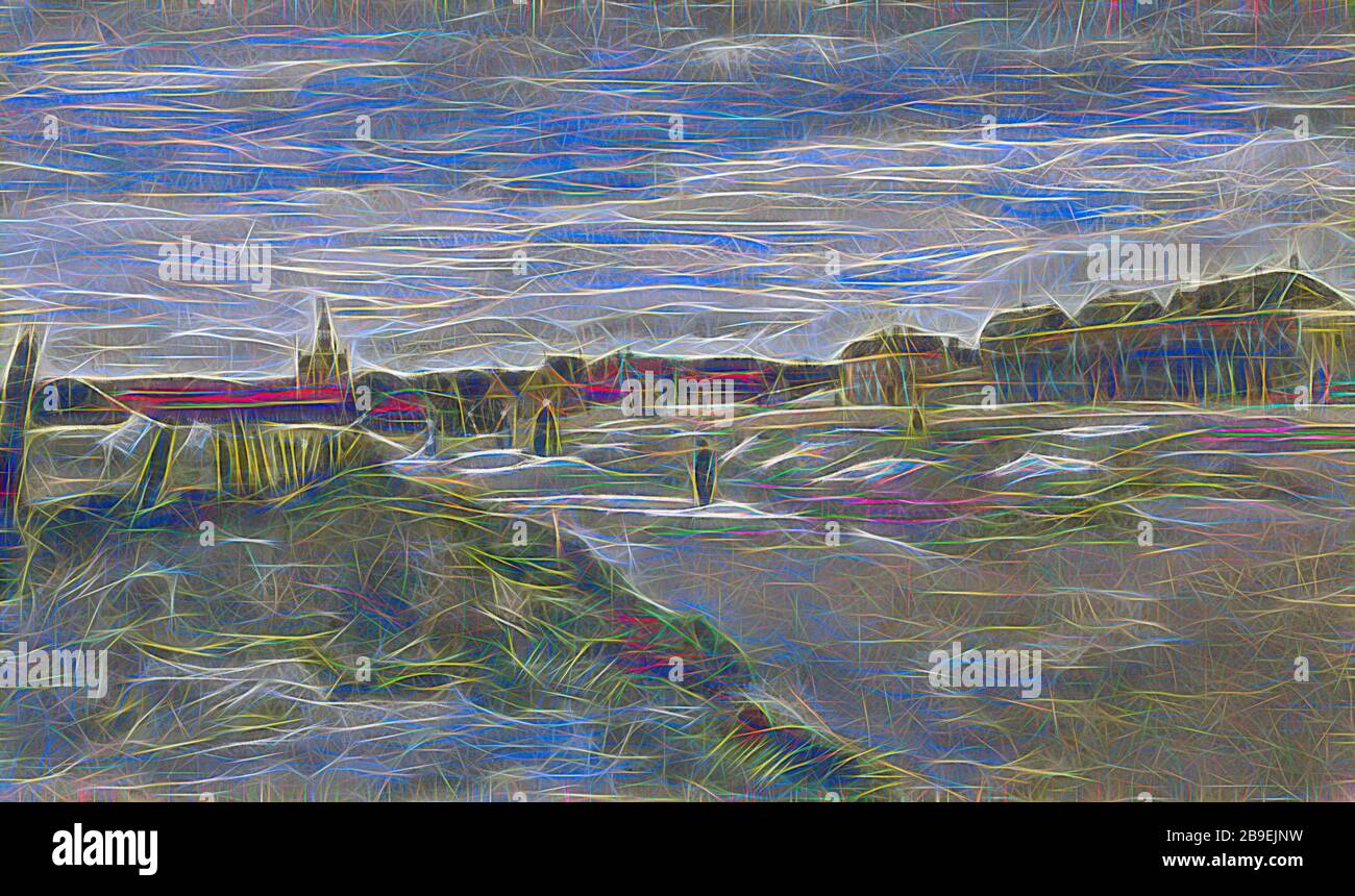 Blanchissement du sol à Scheveningen, Vincent van Gogh (néerlandais, 1853 - 1890), 1882, aquarelle renforcée avec gouache blanc, 31,8 × 54 cm (12 1,2 × 21 1,4 po, repensée par Gibon, design de glanissement chaleureux et joyeux de la luminosité et des rayons de lumière radiance. L'art classique réinventé avec une touche moderne. La photographie inspirée du futurisme, qui embrasse l'énergie dynamique de la technologie moderne, du mouvement, de la vitesse et révolutionne la culture. Banque D'Images