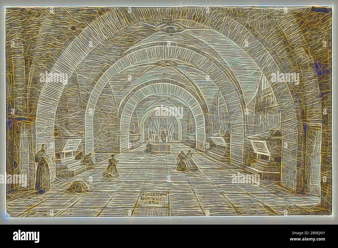 Intérieur de la tombe de Louis Phillippe et de la famille Orléans, François-Marius Granet (français, 1775 - 1849), France, 1845, encre plume et marron sur graphite, 22,7 x 35,4 cm (8 15,16 x 13 15,16 po, repensée par Gibon, design de glouage chaleureux de luminosité et de rayonnement de lumière. L'art classique réinventé avec une touche moderne. La photographie inspirée du futurisme, qui embrasse l'énergie dynamique de la technologie moderne, du mouvement, de la vitesse et révolutionne la culture. Banque D'Images