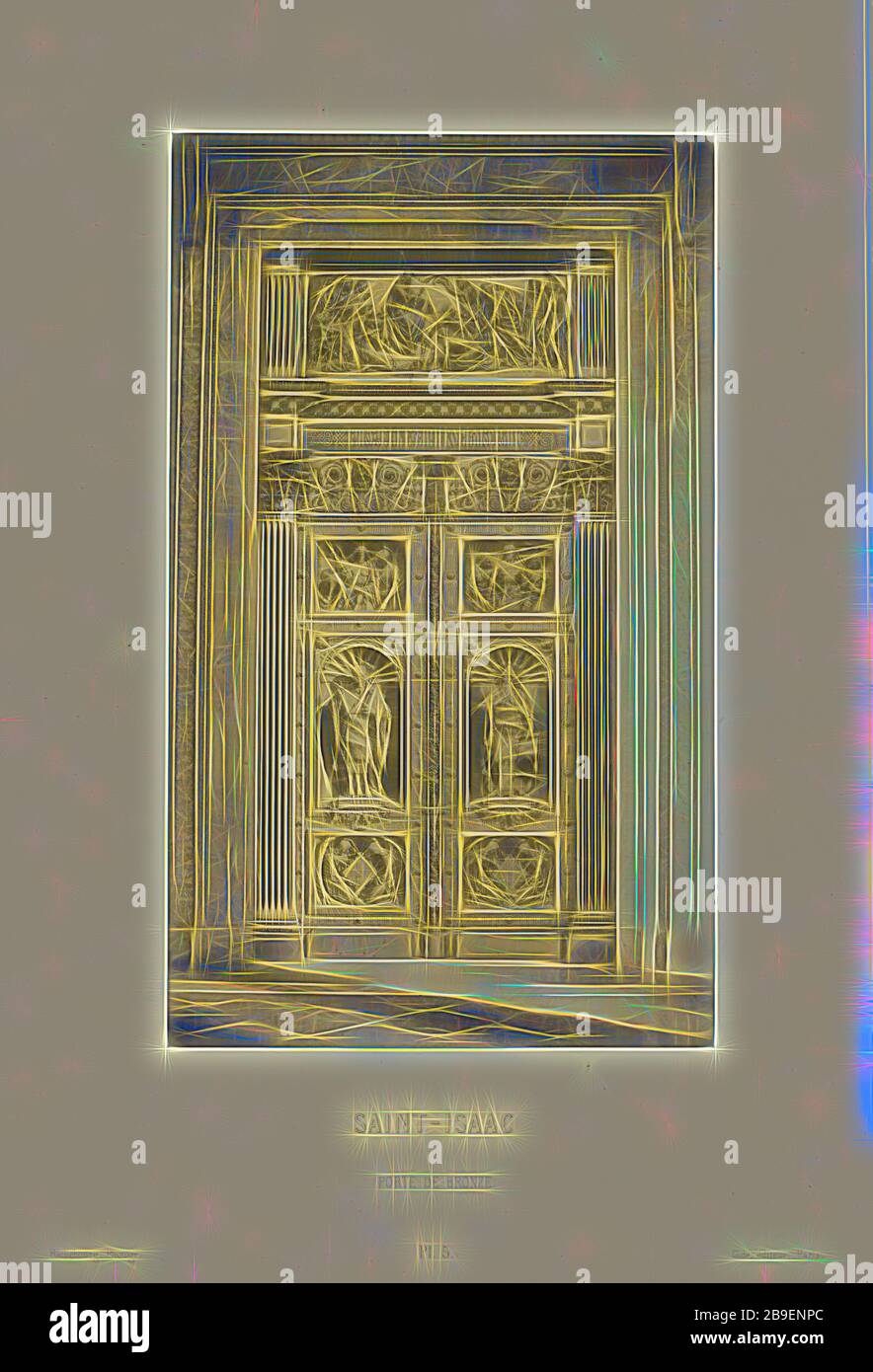 Saint Isaac, porte de bronze, Pierre-Ambrose Richebourg (français, 1830 - 1876), Paris, France, 1859, Albumen imprimé argent, réinventé par Gibon, design de gaieté chaleureuse et gaie de la luminosité et des rayons de lumière radiance. L'art classique réinventé avec une touche moderne. La photographie inspirée du futurisme, qui embrasse l'énergie dynamique de la technologie moderne, du mouvement, de la vitesse et révolutionne la culture. Banque D'Images