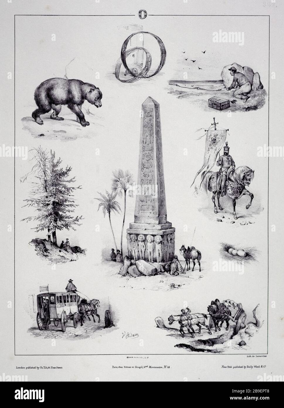 LETTRE O - NOUVEAU DANS ABECEDAIRE ENIGMES Jean-Victor Adam, dit Victor Adam (1801-1866) /Henri Rittner (1802-1840)/Adolphe Goupil (1806-1893)/Joseph Lemercier (1803-1887)/Charles Tilt ou Thilt/Bailly-Ward et Cié. Lettre O ; 'nouvel énove en. Abécédaire. Lithographie, en 1833. Paris, musée Carnavalet. Banque D'Images