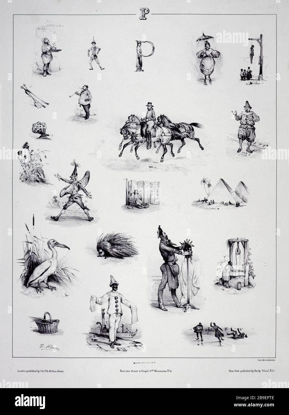 LETTRE P - DANS LE NOUVEAU ABECEDAIRE ENIGMES Jean-Victor Adam, dit Victor Adam (1801-1866) /Henri Rittner (1802-1840)/Adolphe Goupil (1806-1893)/Joseph Lemercier (1803-1887)/Charles Tilt ou Thilt/Bailly-Ward et Cié Lettre P ; 'nouvel énovel'. Abécédaire. Lithographie, en 1833. Paris, musée Carnavalet. Banque D'Images