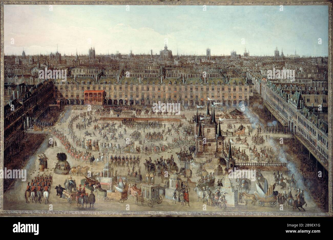 LE ROMANTISME DES CHEVALIERS DE GLOIRE ANONYME. 'Le Roman des chevaliers de la gloire' (grand carrousel donné place Royale, du 5 au 7 avril 1612, à l'occasion du mariage de Louis XIII avec Anne d'Autriche). Huile sur étoile. Paris, musée Carnavalet. Banque D'Images