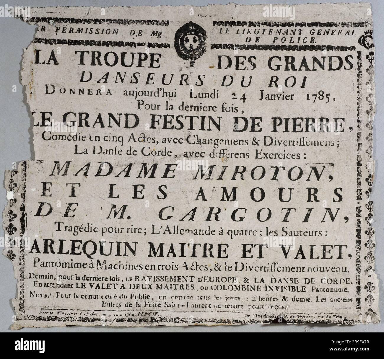 TROUPE DE GRANDS DANSEURS DU ROI, LA FÊTE DE LA GRANDE PIERRE - LA TROUPE DE DANSEURS GRAND ROI, LA GRANDE FÊTE DE PIERRE PIERRE-NICOLAS DELORMEL OU DE LORMEL. La Troupe des grands danseurs du roi, le grand fesestin de Pierre. Fiche. Gravure sur bois, 1785. Paris, musée Carnavalet. Banque D'Images
