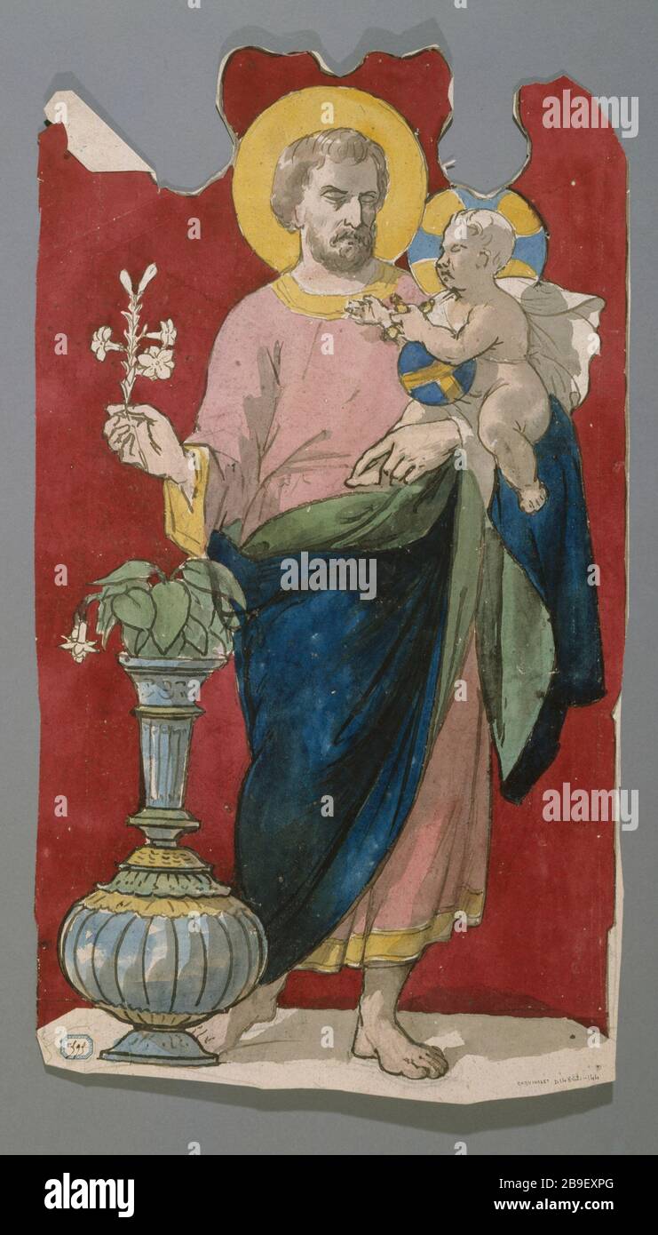 MOTIF VITRAUX: SAINT JOSEPH TENANT UN LILY ET PORTANT L'ENFANT JÉSUS ​​WITH BROCHETTE PROSPER LAFAYE (1806-1883). 'Dessin de vitrail : Saint Joseph tenant un lys et porte l'enfant Jésus avec aiguière, entre 1845 et 1875'. Banque D'Images