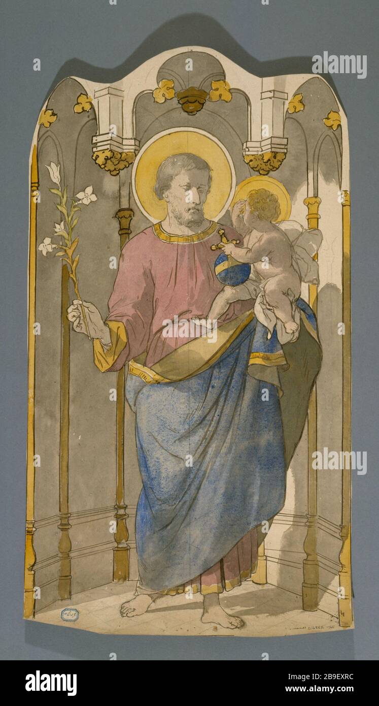 MOTIF VITRAUX : SAINT JOSEPH TENANT UN LILY ET PORTANT L'ENFANT JÉSUS PROSPER LAFAYE (1806-1883). 'Dessin de vitrail : Saint Joseph tenant un lys et porte l'enfant Jésus, entre 1845 et 1875'. Paris, musée Carnavalet. Banque D'Images
