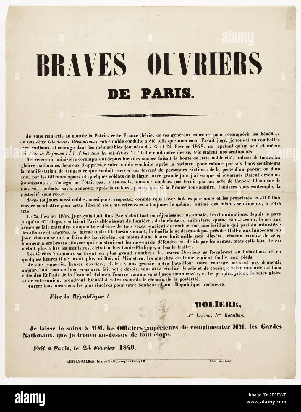 BRAVES TRAVAILLEURS DE PARIS. Je vous remercie au nom du pays, cette chère France Révolution de 1848. Molière. Fiche aux évriers de Paris. Typographie, 1848. Imprimeur Aubéry-Galban. Paris, musée Carnavalet. Banque D'Images
