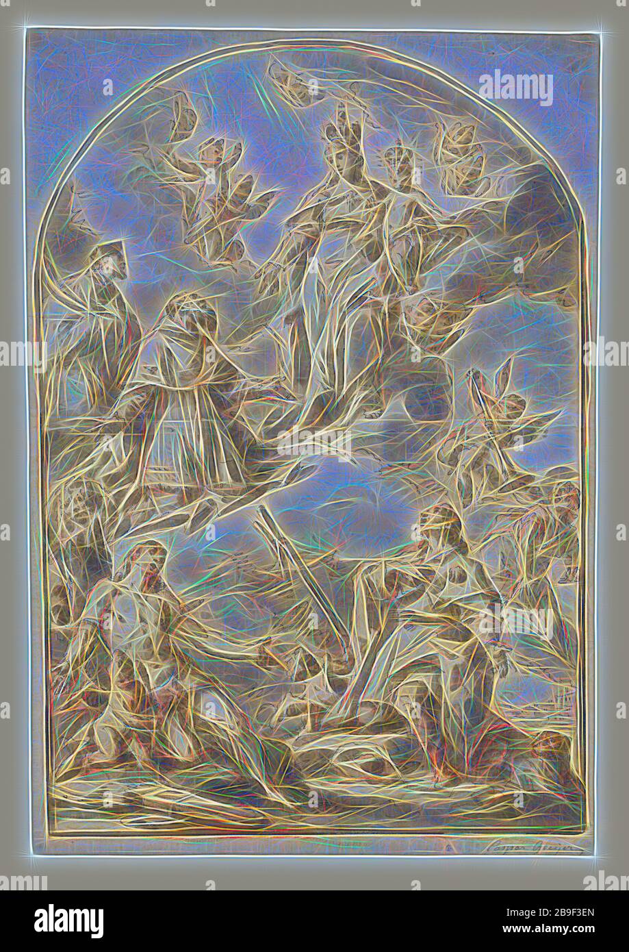 La Madonna couronnée et enfant à Glory, avec les Saints Sebastian, Roch, Jérôme, Et John Nepomuk, Gaspé Diziani (italien, 1689 - 1767), vers 1718, encre plume et marron, brosse avec lavage gris sur craie rouge, 39,6 x 27 cm (15 9,16 x 10 5,8 po, repensé par Gibon, design de glanissement chaleureux et gai de la luminosité et des rayons lumineux radiance. L'art classique réinventé avec une touche moderne. La photographie inspirée du futurisme, qui embrasse l'énergie dynamique de la technologie moderne, du mouvement, de la vitesse et révolutionne la culture. Banque D'Images