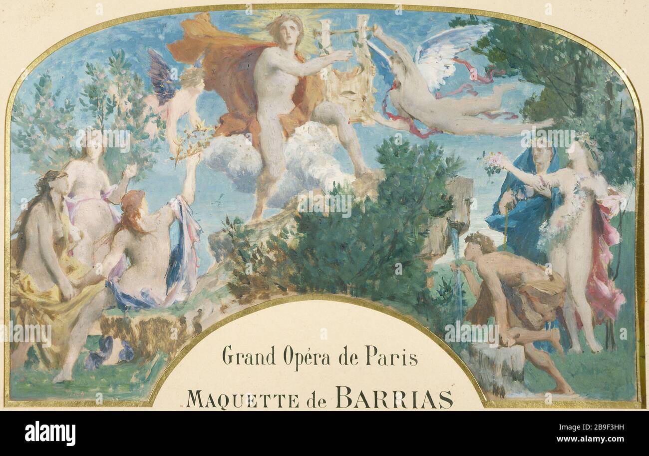 APOLLO RECEVANT DE LA MUSIQUE DE LYRE MAINS Jules Elie Delaunay (1828-1891). 'Apollon recevant la Lyre des mains de la musique (esquisse pour le foyer de l'Opéra)'. Huile sur papier. Paris, musée Carnavalet. Banque D'Images