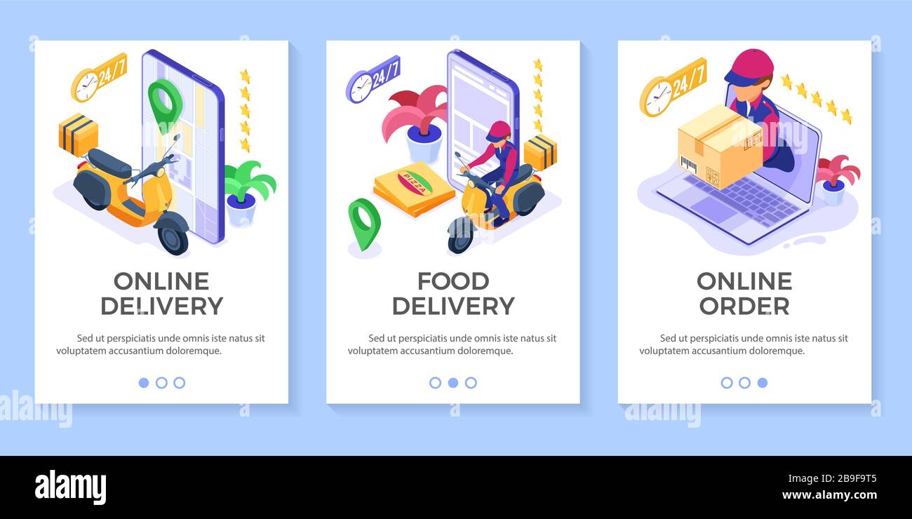 bannières de service de livraison de colis de commande de nourriture en ligne Illustration de Vecteur