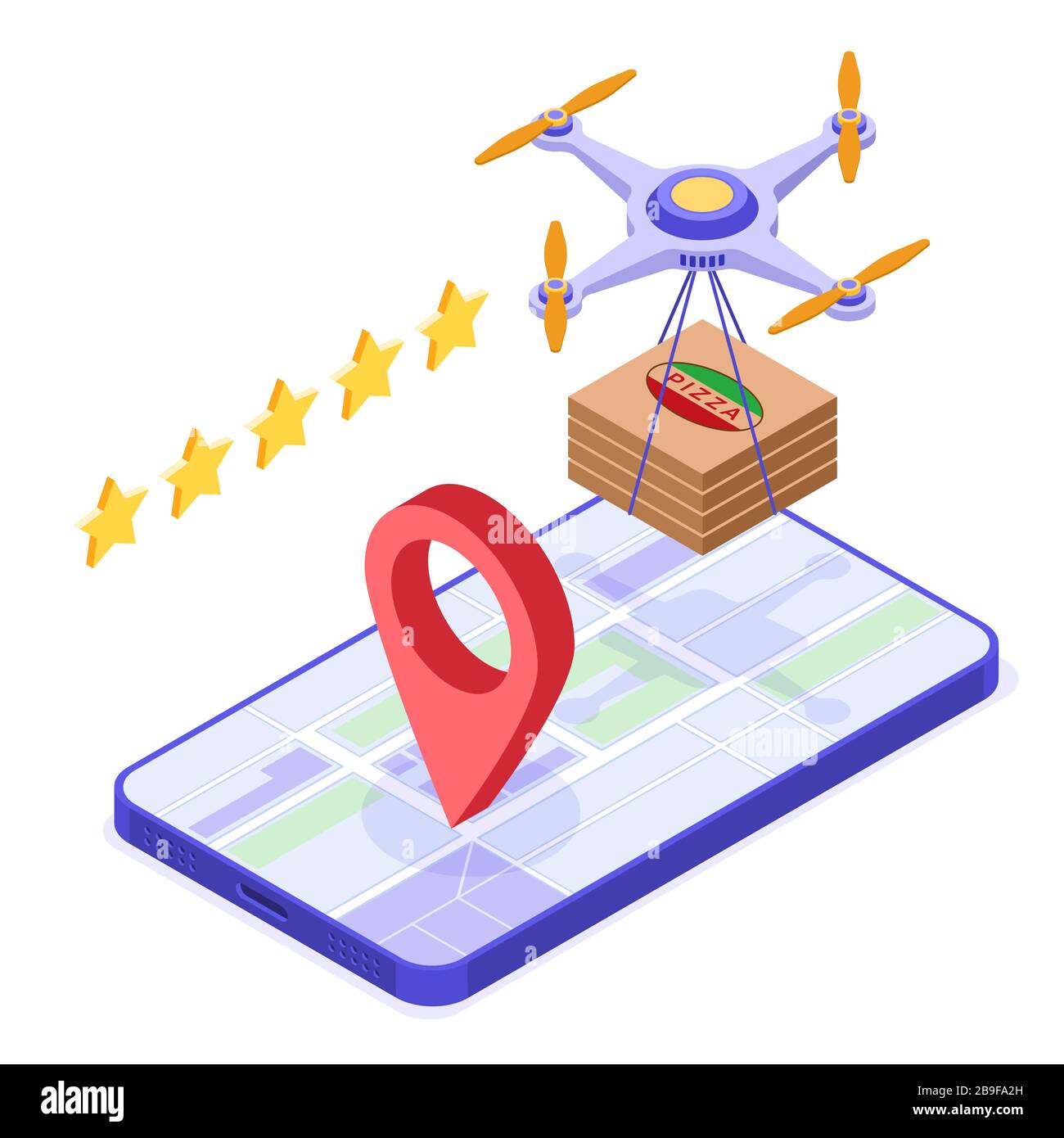 Livraison de drone pizza commande en ligne Illustration de Vecteur