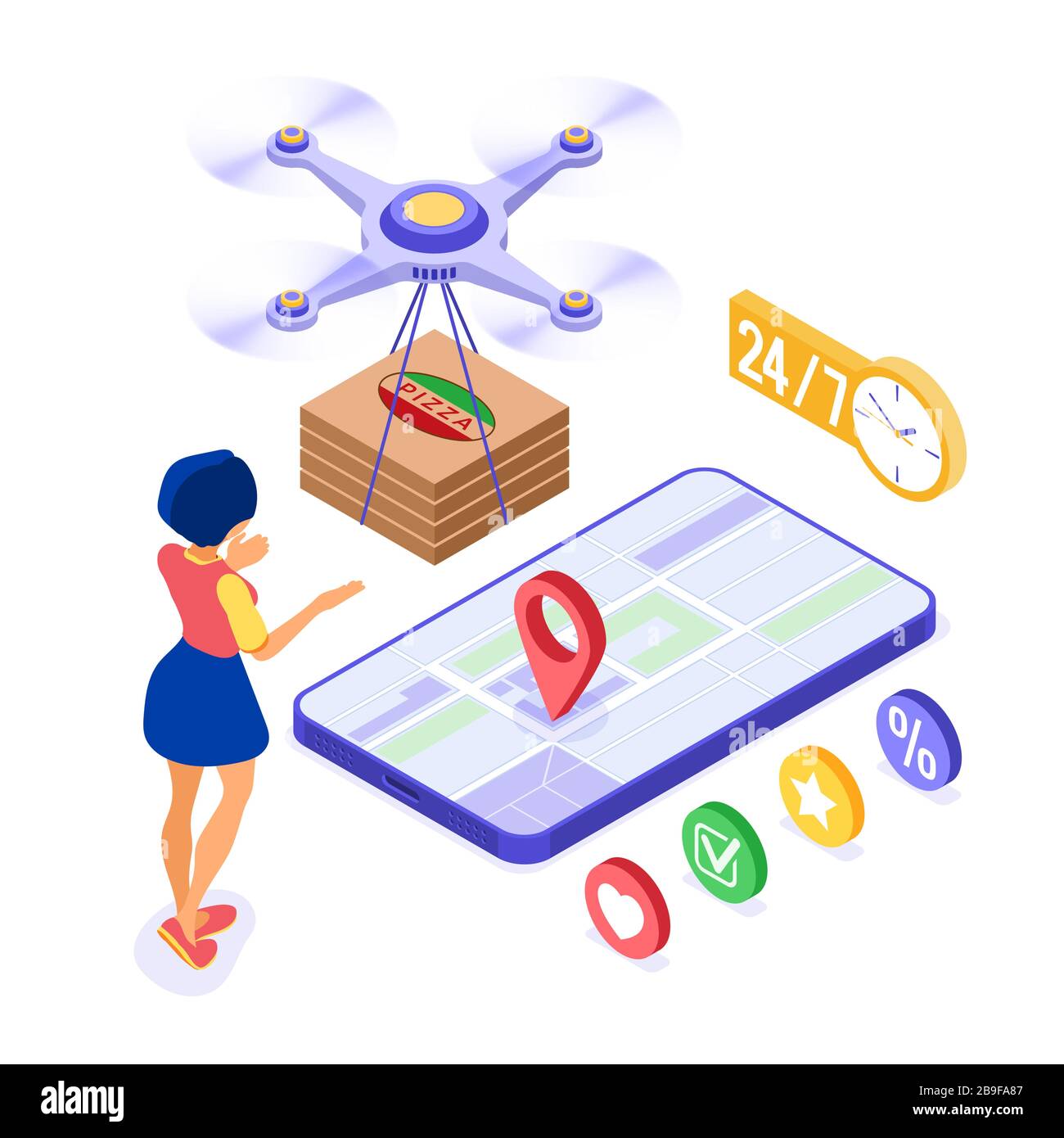 Livraison de drone pizza commande en ligne Illustration de Vecteur