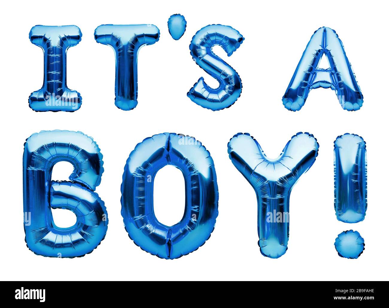 Expression C'EST UN GARÇON fait de ballons gonflables bleus isolés sur fond blanc. Ballons d'hélium en feuille bleue. Annonce d'arrivée de bébé garçon, anniversaire Banque D'Images