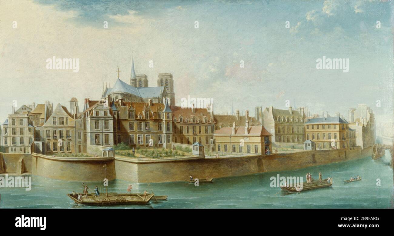 CLOÎTRE LA LUMIÈRE DE NOTRE DAME FRAPPE Nicolas-Jean-Baptiste Raguenet (1715-1793). 'Le cloître notre-Dame vu de la grève, 1753'. Huile sur étoile. Paris, musée Carnavalet. Banque D'Images