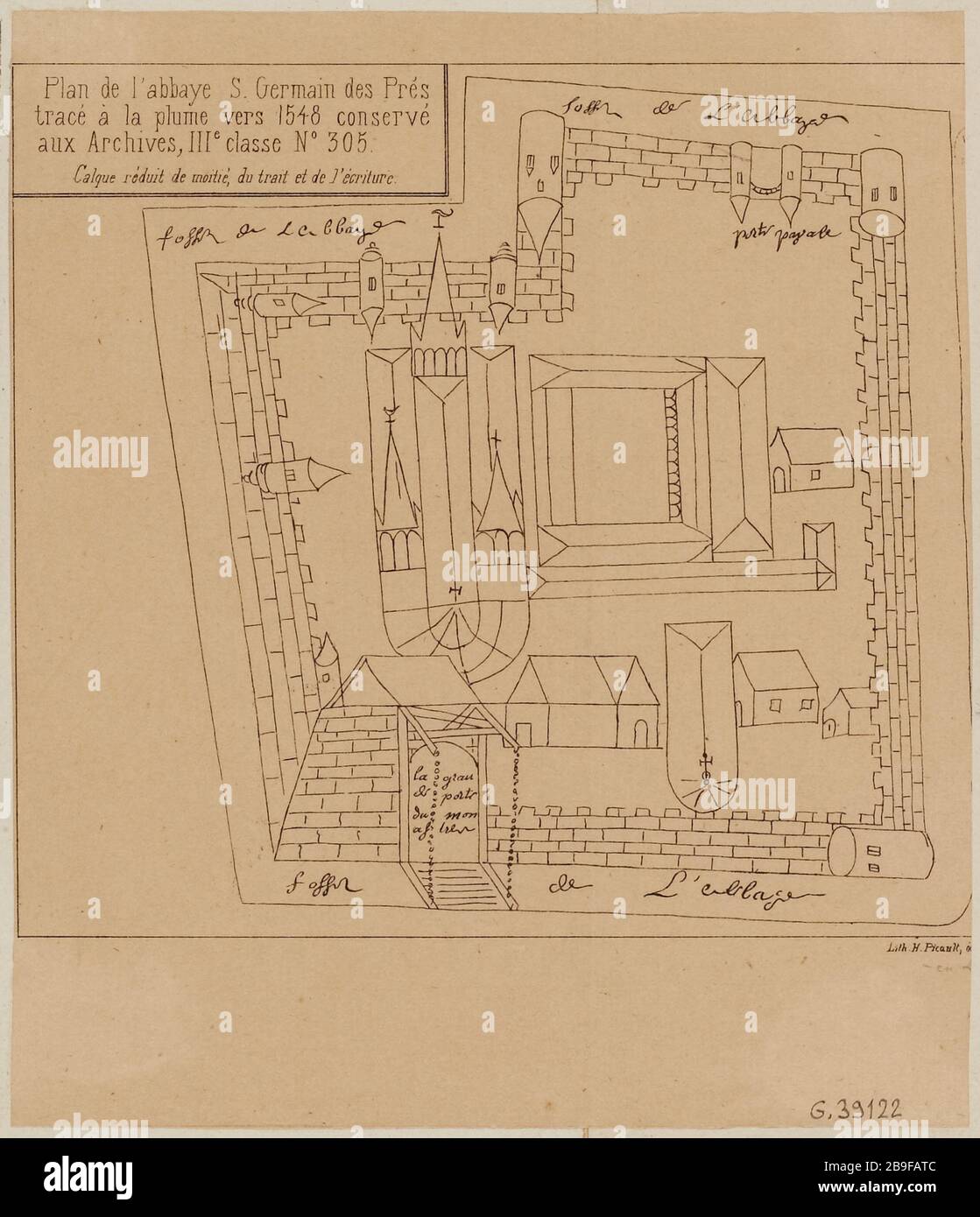 Reproduction de la carte des Archives nationales de Saint-Germain-des-Prés, dessinée au stylo de 1548, conservée dans les archives, troisième classe no 305 Banque D'Images