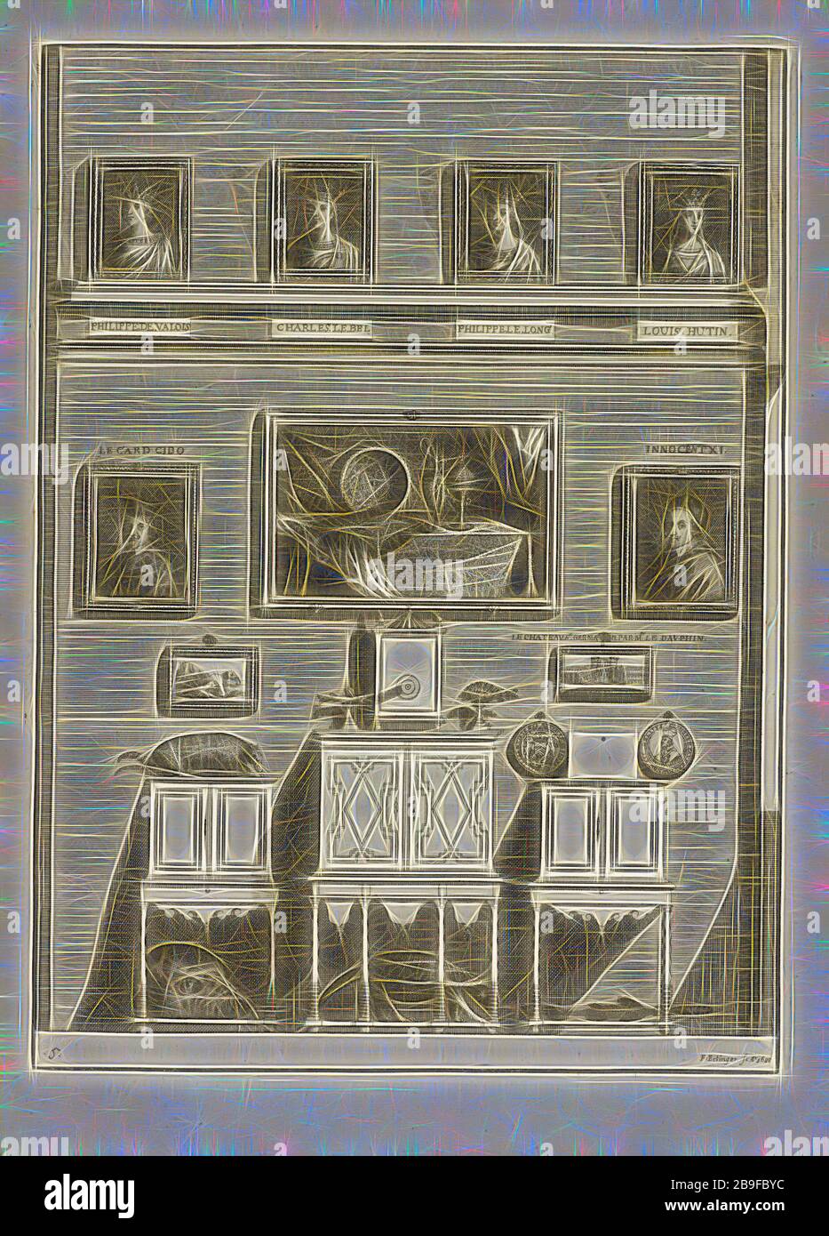 Plaque 5, le Cabinet de la Bibliothèque de Sainte Geneviève : divisé en deux partis : Voici les antiquitez de la réligion des chrétiens, des égyptiens et des Romain, des tombeaux, des poids et des médailles, des monnoyes, des pierres antiques tombes, et des minéraaux, Dezallier, Antoine, du Molinet, Claude, 1620-1687, Ertinger, Franz, 1640-CA. 1710, Gravure, 1692. La plaque 5 illustre des armoires d'histoire naturelle (taxidermie de poissons, d'oiseaux, de reptiles) avec des peintures de royauté, du Pape Innocent XI et du Cardinal. L'image est inscrite avec le nom du graveur, et la date de 1688, dans le coin inférieur droit, Rei Banque D'Images