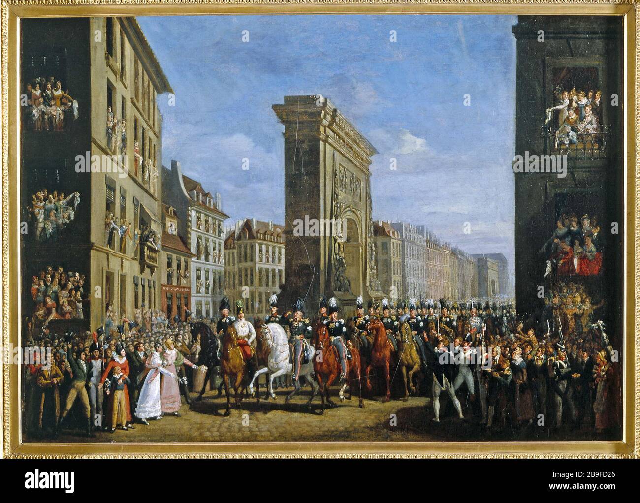 Le passage des souverains alliés sur le boulevard Saint-Denis, 1814 Jean Zippel (né en 1789). 'Le passage des souverains alliés sur le boulevard Saint-Denis, 1814'. Le tsar Alexandre Ier, la potrine barrée par le cordon bleu de l'ordre de Saint-André est encadré à sa droit par le prince de Schwarzenberg, généralissime austrachien des forces de la coalition antinapoléonienne, et à sa gauche par Frédéric-Guillaume III, de Prusse et Constantin grand-roi. Paris, musée Carnavalet. Banque D'Images