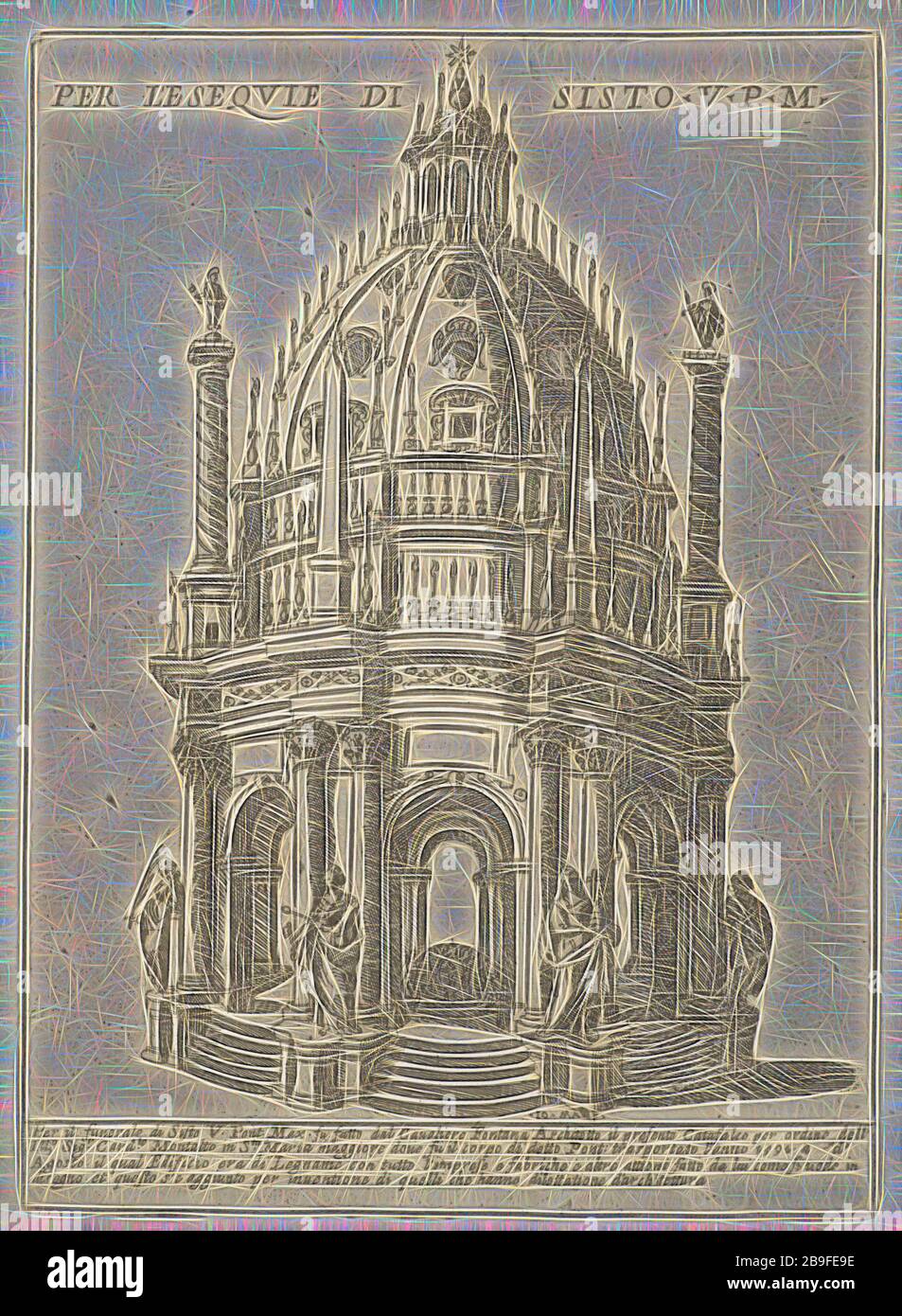 Par l'eseqvie di Sisto. V. p.m. Collection de reproductions de festivals, Maggi, Giovanni, 1566-1618, Etching, 16-- , l'imprimé représente la catafalque conçue par Domenico Fontana pour les obséquies du Pape Sixtus V, célébrée le 27 août 1591 à Santa Maria Maggiore, Rome, repensée par Gibon, design de glanissement chaleureux et gai de luminosité et de rayons de lumière radiance. L'art classique réinventé avec une touche moderne. La photographie inspirée du futurisme, qui embrasse l'énergie dynamique de la technologie moderne, du mouvement, de la vitesse et révolutionne la culture. Banque D'Images