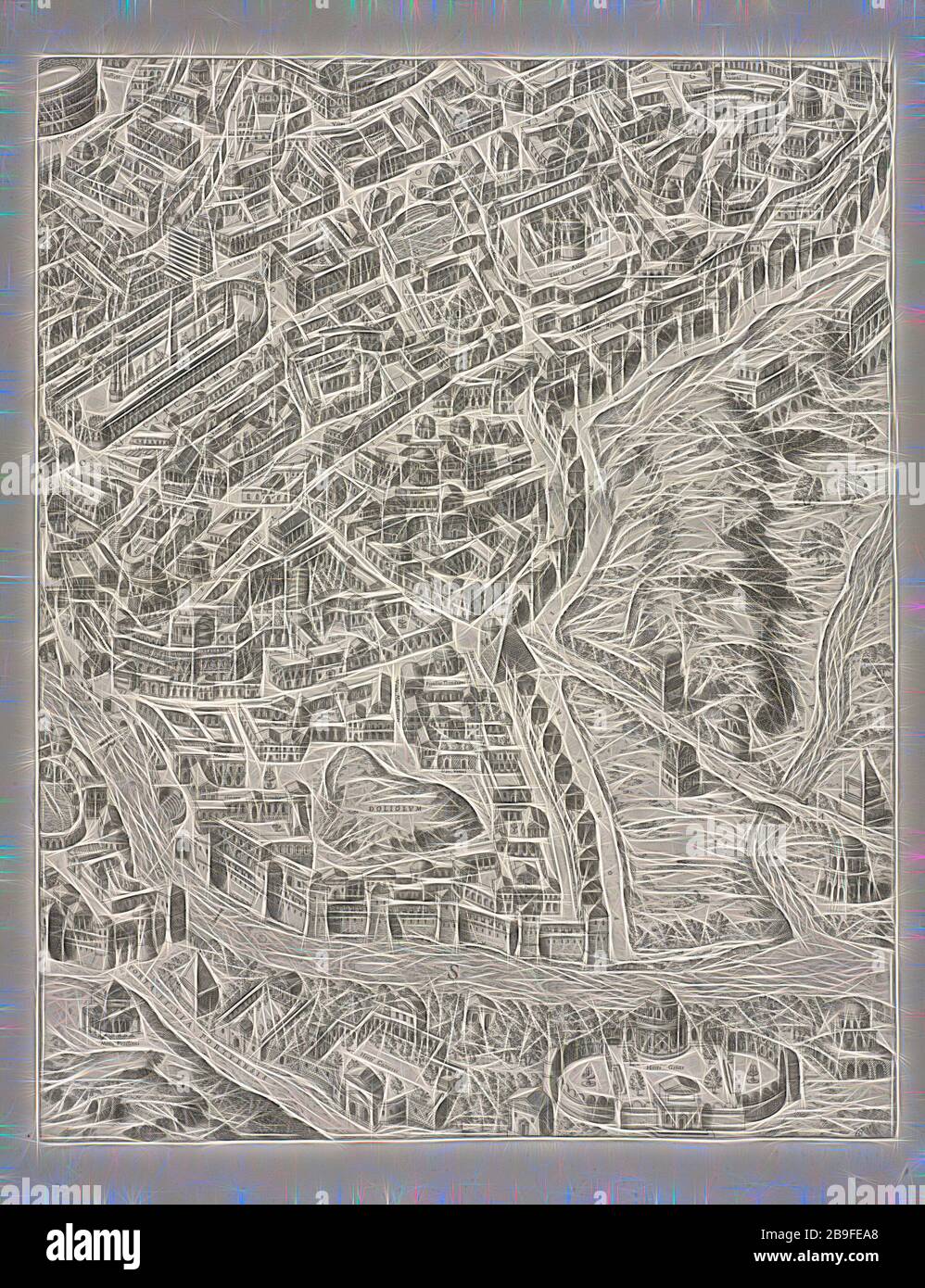 Urbis Romae Sciographia ex antiquus Monumentis Accuristitis. Delineata. Collection de cartes de Rome, du Pérac, Etienne, d. 1604, impression, grand plan archéologique de Rome en 8 feuilles, 520 x 420 mm chacun. Cette image est une vue de détail d'une feuille (carte 21 g)--elle n'est pas une vue globale de l'ensemble du plan. Réimpression par Giovanni Giacomo de Rossi (Johannes Jacobus de Rubeis) de 1574 original, réinventé par Gibon, design de gai gai chaleureux de luminosité et de rayons de lumière radiance. L'art classique réinventé avec une touche moderne. Photographie inspirée du futurisme, intégrant l'énergie dynamique de la technologie moderne, Mo Banque D'Images