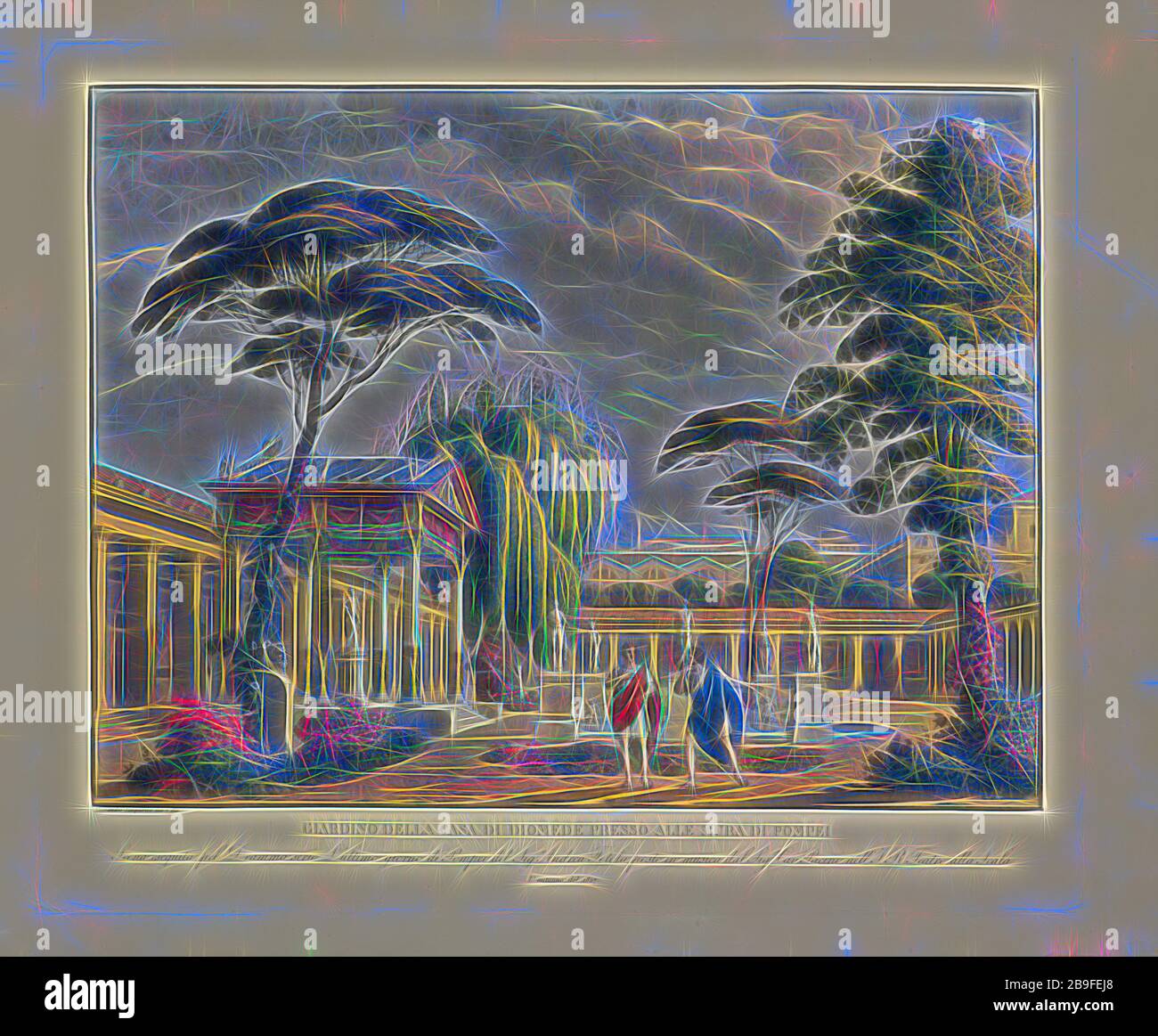 Giardino della casa di Diomede presso alle mura di Pompei, Raccalta di varie decorazioni scéniche inventorié eseguite per il R. Teatro alla Scala di Milano, Pacini, signor (Antonio Francesco Gaetano Saverio), 1778-1866, Sanquirico, Alessandro, 1777-1849, Totola, Andrea, Acquatint-Leone, couleur de la main, Acquatca-Leone. 1832, Légende : Scena esequita pel dramma serio l'ultimo giorno di Pompei del SIG. Andrea Totola, posto dans musica dal SIG. cav. Pacini nell I.R. Teatro alla Scala l'autunno del 1827, repensée par Gibon, design de gai gai chaleureux de luminosité et de rayons de lumière radiance. L'art classique réinve Banque D'Images