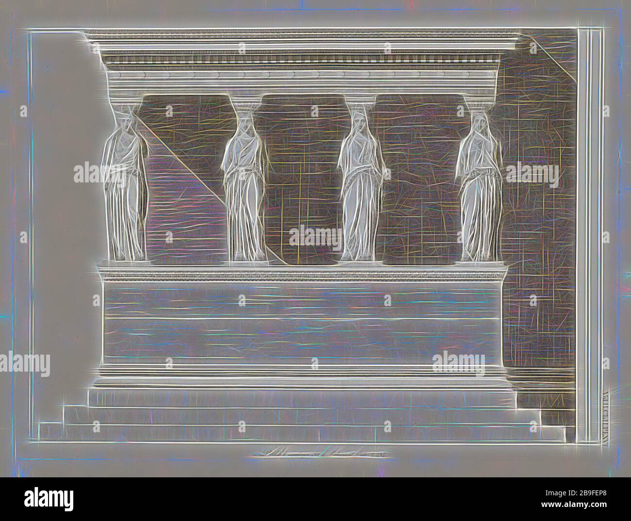 Orné de Caryatides, l'élévation du Front du Temple de Pandrosus, orné de Caryatides, les antiquités d'Athènes, Newton, W., Stuart, James, 1713-1788, Gravure, 1762-1816, plaque 16, représentant l'élévation de l'avant du Temple de Pandrosus, située dans le volume 2, chapitre 2, intitulé Des temples d'Erechtheus, Minerva Polias et Pandrosus. Inscrit au centre inférieur de la plaque, publié conformément à la Loi du Parlement, 27 octobre 1787. Une description de la plaque se trouve à la page 22, repensée par Gibon, design de gai chaleureux de luminosité et de rayons de lumière Banque D'Images