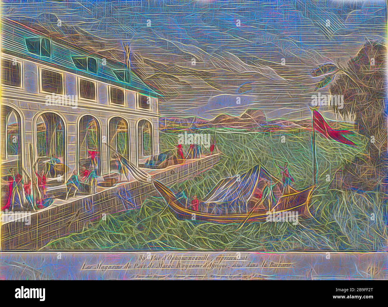 Les Magasins du Pont de Maroc Royaume d'Affrique, œuvres africaines d'optique, Huquier, Jacques Gabriel, gravure, col., inconnu, reproductions colorées à la main conçues à l'origine pour un dispositif de visualisation optique représentant divers endroits en Afrique, repensés par Gibon, design de glanissement chaleureux et de rayonnement de lumière. L'art classique réinventé avec une touche moderne. La photographie inspirée du futurisme, qui embrasse l'énergie dynamique de la technologie moderne, du mouvement, de la vitesse et révolutionne la culture. Banque D'Images