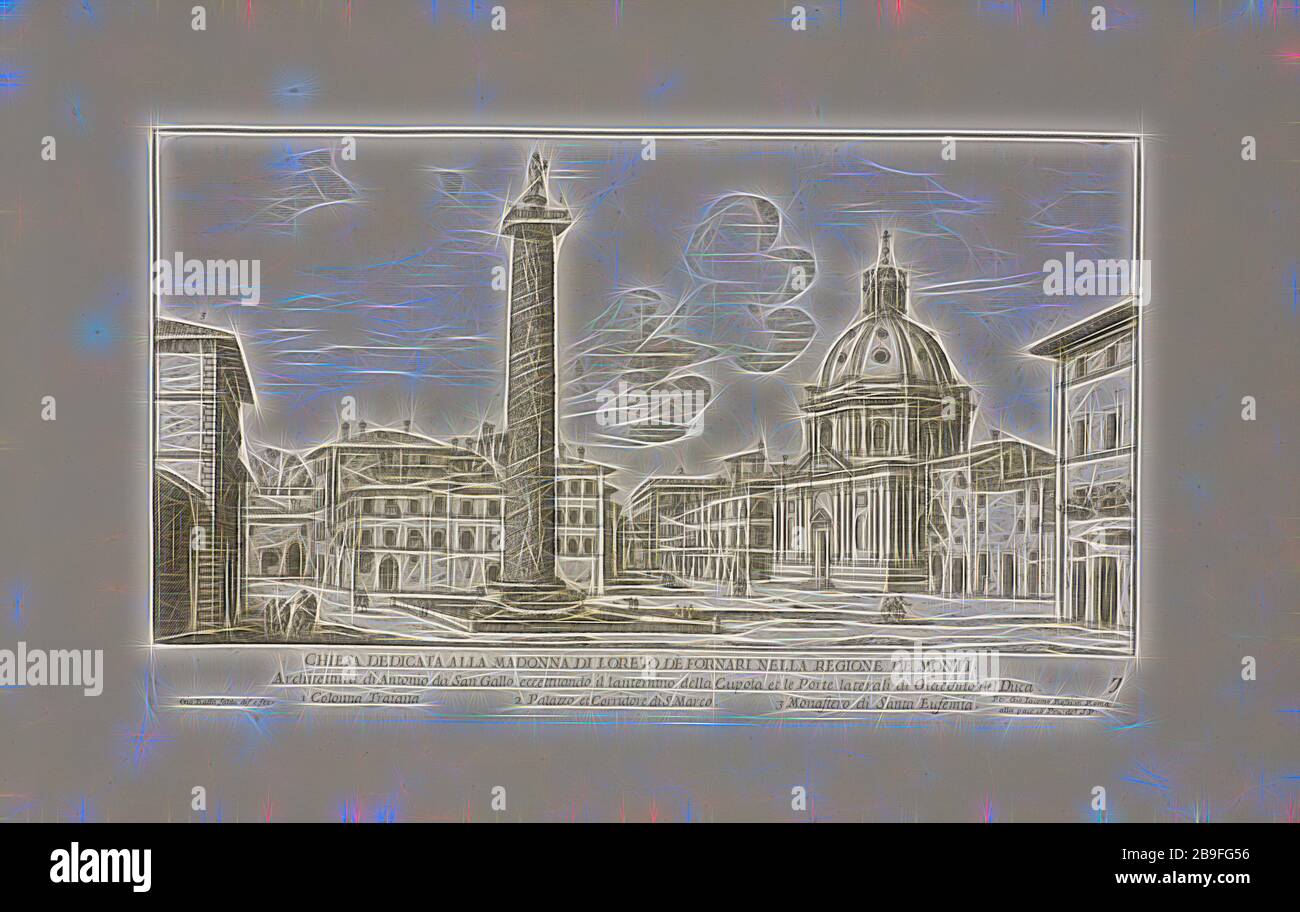 Chiesa dedicata alla Madonna di Loreto dè Fornari nella regione de Monti, il nvovo teatro delle fabriche et edifici in prospettiva di Roma moderne sotto il felice pontificato di N.S. Papa Alessandro VII, Falda, Giovanni Battista, CA. 1640-1678, Rossi, Giovanni Giacomo de, 17 cent., Gravure, 1699, réinventé par Gibon, design de gaieté chaleureuse et gaie de luminosité et de rayonnement de lumière. L'art classique réinventé avec une touche moderne. La photographie inspirée du futurisme, qui embrasse l'énergie dynamique de la technologie moderne, du mouvement, de la vitesse et révolutionne la culture. Banque D'Images