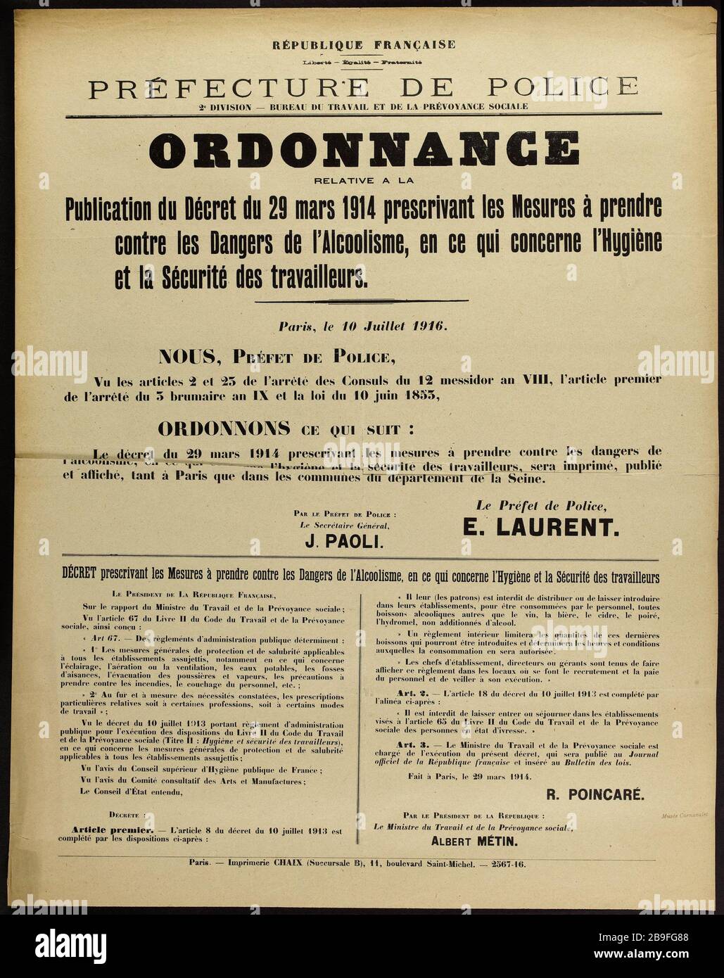 RÉPUBLIQUE FRANÇAISE, liberté - égalité - Service de POLICE de la  Fraternité préfecture 2 - BUREAU DU TRAVAIL ET DE LA SÉCURITÉ SOCIALE,  ORDONNANCE SUR la publication du décret du 29 mars