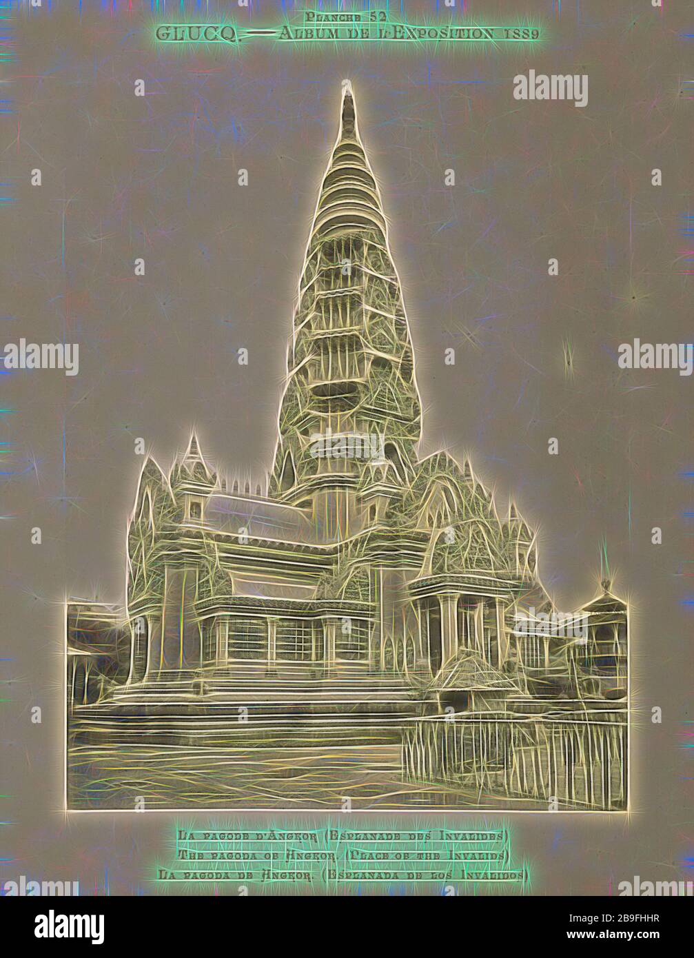 La pagode d'Angkor, l'album de l'exposition de 1889, Glückq, 1889, réinventée par Gibon, design d'un brillant chaleureux et gai de luminosité et de rayons de lumière radiance. L'art classique réinventé avec une touche moderne. La photographie inspirée du futurisme, qui embrasse l'énergie dynamique de la technologie moderne, du mouvement, de la vitesse et révolutionne la culture. Banque D'Images