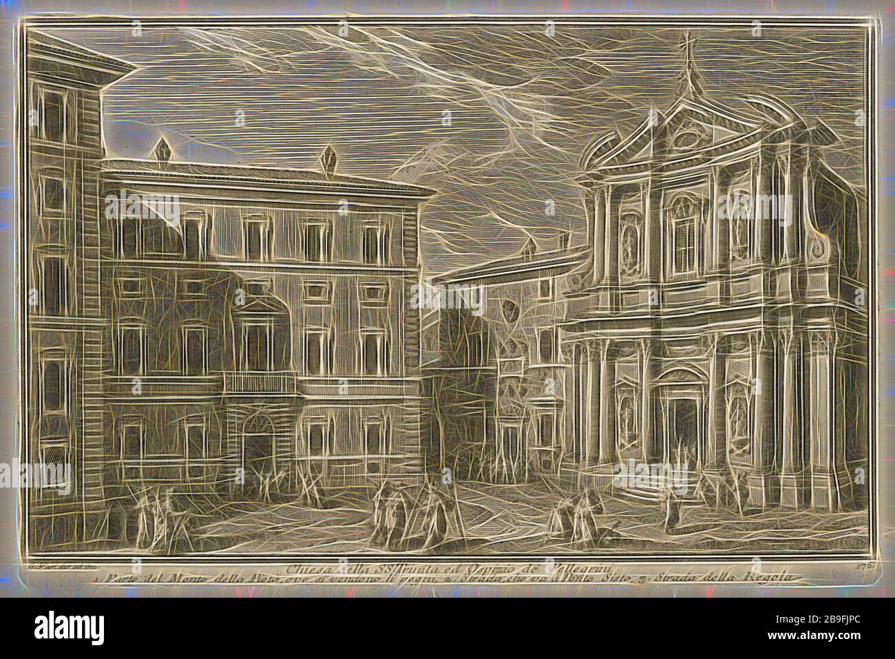 Chiesa della SS. Trinita ed Ospizio de Pellegrini, Delle magnifienze di Roma antica e moderne, Vasi, Giuseppe, 1710-1782, Gravure, entre 1747 et 1761, repensée par Gibon, design de glanissement chaleureux et gai de la luminosité et des rayons de lumière radiance. L'art classique réinventé avec une touche moderne. La photographie inspirée du futurisme, qui embrasse l'énergie dynamique de la technologie moderne, du mouvement, de la vitesse et révolutionne la culture. Banque D'Images