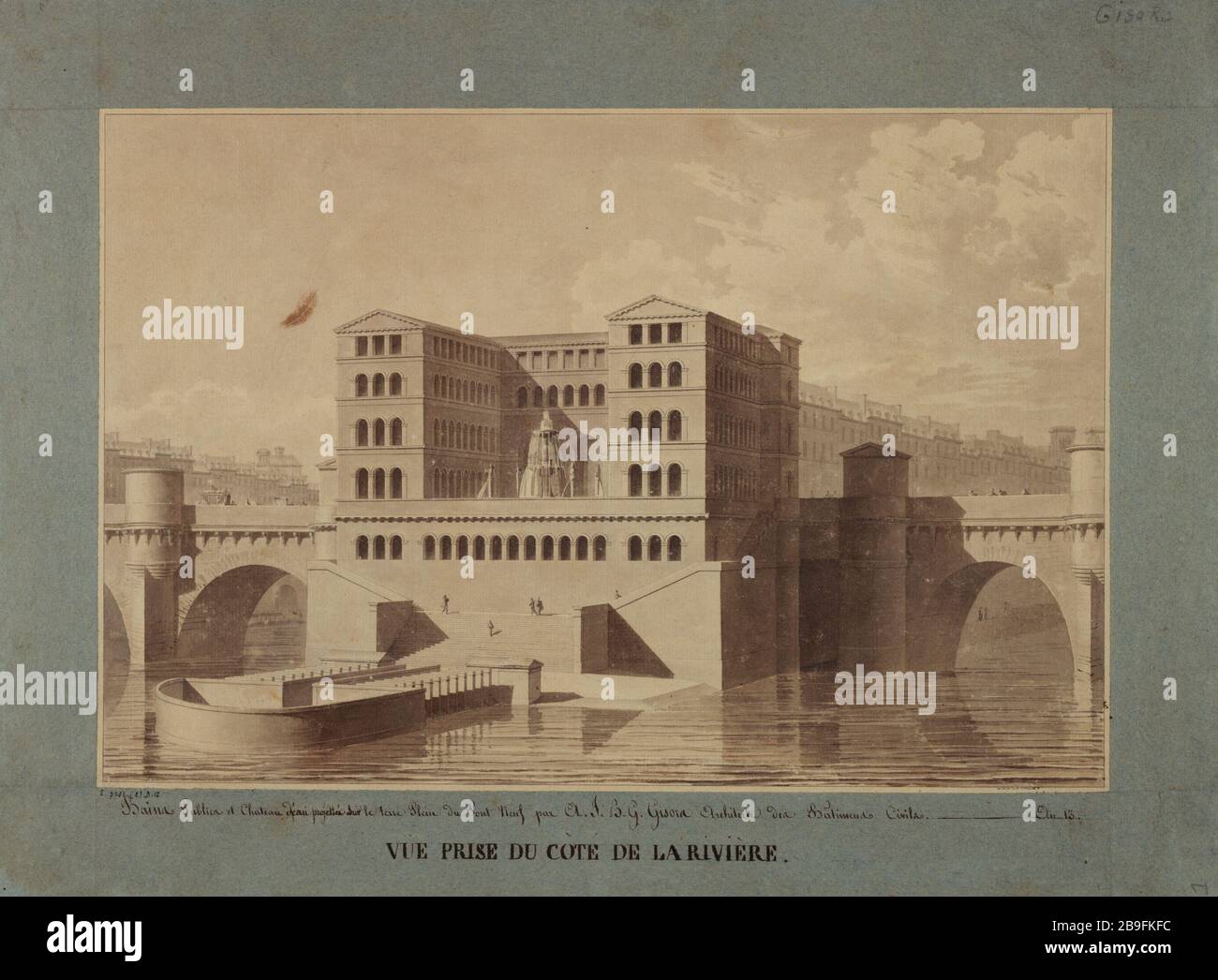Projet Bathhouse et tour d'eau sur la plate-forme du Pont neuf, 1804. 1ère arrondissement Alexandre Jean-Baptiste de Gisors (1762-1835). Projet de bains publics et Château d'eau sur le terre-plein du Pont neuf, 1804. Paris (Ier arr.). Panache et lavis sur papier vergé. 1804. Paris, musée Carnavalet. Banque D'Images
