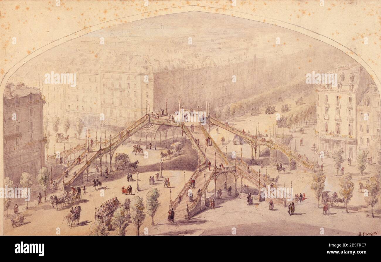 Projet de pont reliant le boulevard Sebastopol, le boulevard de Strasbourg et le boulevard Saint-Denis, 10 février 1866. Arrondissement Hector Horeau (1801-1872). 'Projet de passerelle pour les piétons à l'angle des boulevards de Sébastopol, de Strasbourg et Saint-Denis'. Paris (Xème arr.). Aquaelle, crayon et panache. Paris, musée Carnavalet. Banque D'Images