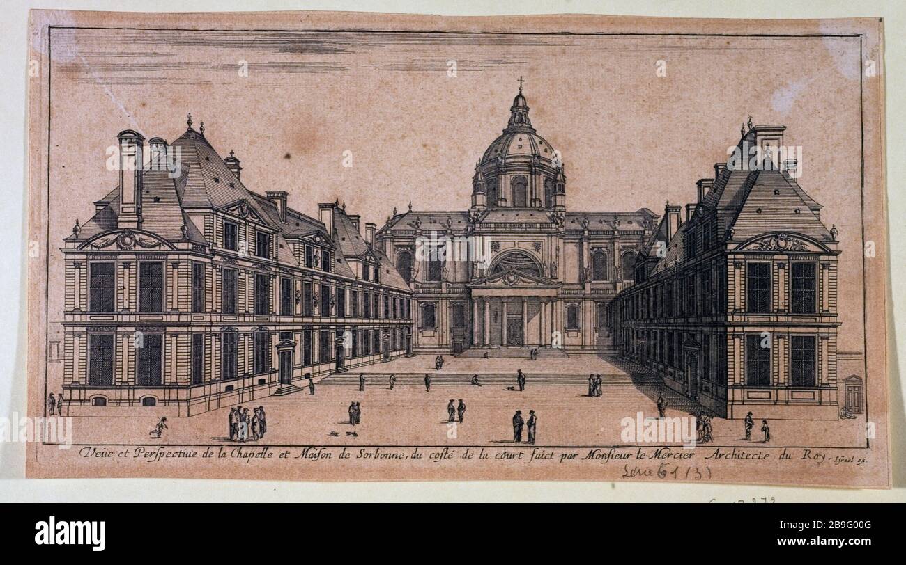 LIEU ET ENTRÉE PRINCIPALE DE LA CHAPELLE ET DU COLLÈGE DE SORBONNE, VERS 1649, 5ÈME ARRONDISSEMENT, PARIS. (TITRE FACTICE) Israël Silvestre (1621-1664), della Bella Stefano, dit de la Belle Etienne (1610-1664), Jean Marot (1619-1679) et Israël Henriet (1590-1661). 'Place et entrée principale de la chapelle et du collège de la Sorbonne, vers 1649, actuel Paris. (Vème arr.)'. Eau-forte, 1649. Paris, musée Carnavalet. Banque D'Images