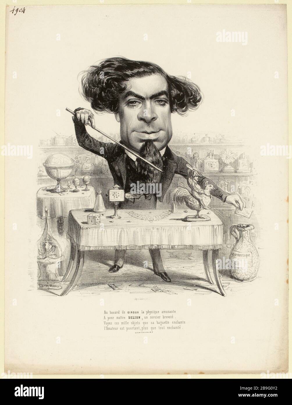 Dans le bazard de GIROUX une physique amusante pour maître DELION, un expert breveté. Voyer ses mille objets qui enchante sa baguette ... (Tel que enregistré (lettre)) | Portrait-charge Delion dans conjurer (titre factice). Banque D'Images