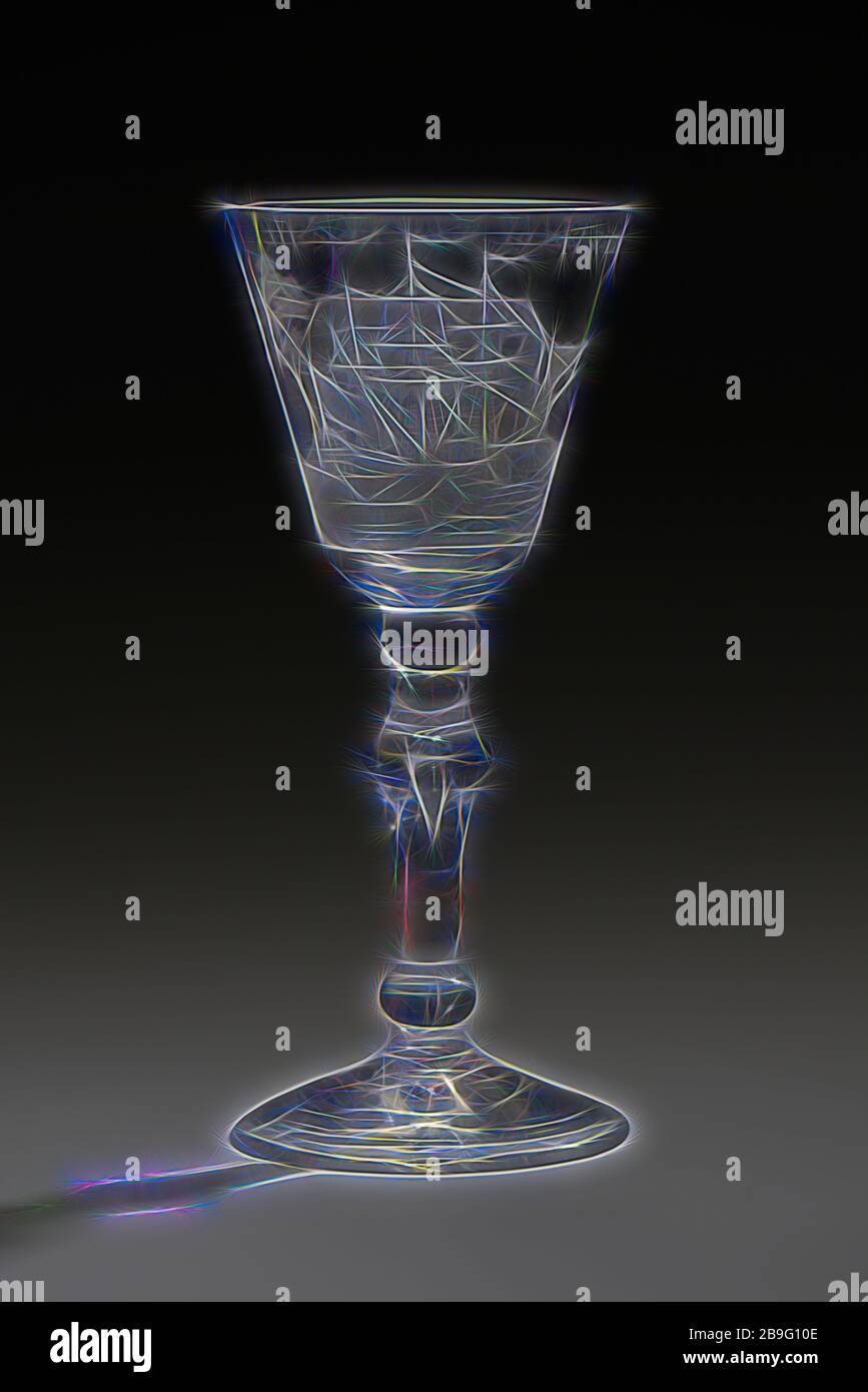Calice, gravé avec la représentation et l'inscription 't Welvaren van de Wijn Negotie, verre à vin verre à boire des verres de table en verre au plomb porte-verre, kelk 228 grammes en forme de soufflé et radgraving wineglass gobelet en verre au plomb, clair et incolore Pontil mark sous lumière rond creux ascendants sur base balustere inversée massive noeud convexe avec une bulle d'air dans allongée à arrondi. noeud balustre De forme ronde calice en forme d'entonnoir avec le feu-bord arrondi'T WELVAREN VAN HET WIJNNEGOTIE. (Haut) calice gravé les acheteurs vin wine trade guild trading avant de servir Banque D'Images