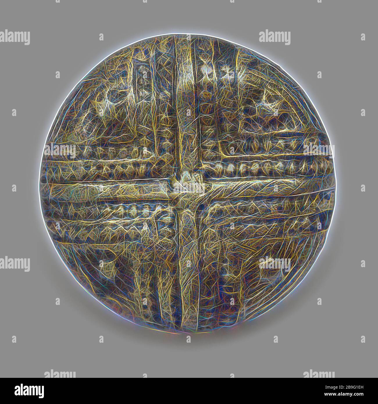 Nœud convexe avec œillet métallique, décoré avec croix avec clous et étoiles, nœud vêtements accessoire vêtements sol trouver cuivre laiton métal, bouton de boulon en fonte avec oeil métallique archéologie centre ville de Rotterdam Stadsdriehoek Oostplein Nouveau port confirmer la découverte du phoque près du pansement: Oostplein end Nieuwe Haven 1985 Banque D'Images