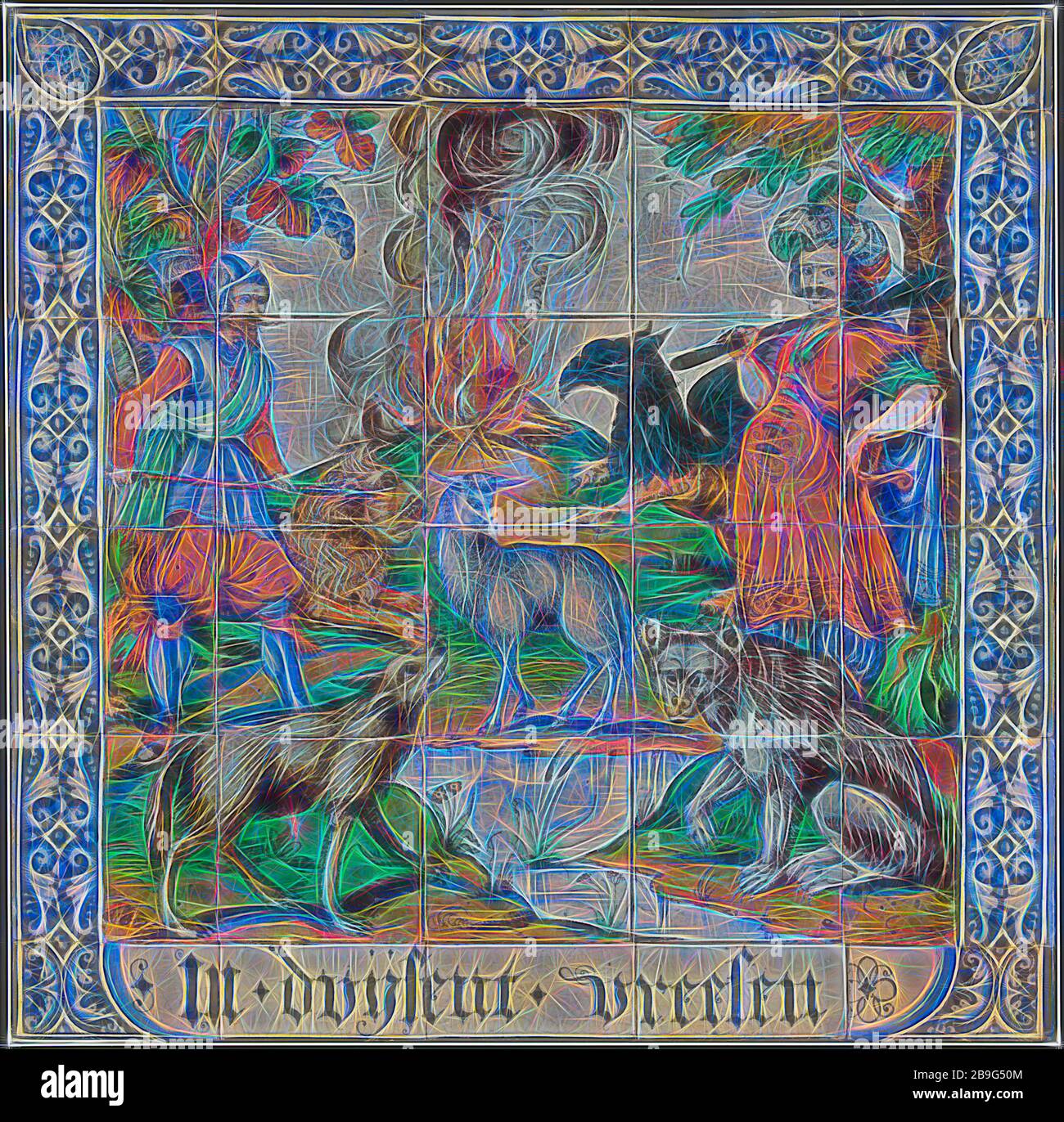 Claes Jansz Wijtmans (ca. 1570 - 1642), panneau tuile dans Duijsent les peurs, les carreaux de faïence céramique photo glaçure, à 1,0 2x vitrage boulangerie sgraffites peint quatre et cinq de large au-dessus et en-dessous de chaque cinq tuiles de couleur jaunâtre ou demi-hauteur, l'Écharde de crème avec des rayures roses. En général, deux trous de clous à rayures avec pourpre violet pull bleu vert jaune ocre brun foncé vert sur blanc à bords dans l'enregistrement des détails technique : à gauche de la région du soldat avec lance et droit de l'homme moyen avec turban club détenteur et l'épée dans son port de ceinture. lamb est au premier plan de chaque côté de brook o Banque D'Images Claes Jansz Wijtmans (ca. 1570 - 1642), panneau tuile dans Duijsent les peurs, les carreaux de faïence céramique photo glaçure, à 1,0 2x vitrage boulangerie sgraffites peint quatre et cinq de large au-dessus et en-dessous de chaque cinq tuiles de couleur jaunâtre ou demi-hauteur, l'Écharde de crème avec des rayures roses. En général, deux trous de clous à rayures avec pourpre violet pull bleu vert jaune ocre brun foncé vert sur blanc à bords dans l'enregistrement des détails technique : à gauche de la région du soldat avec lance et droit de l'homme moyen avec turban club détenteur et l'épée dans son port de ceinture. lamb est au premier plan de chaque côté de brook o Banque D'Images